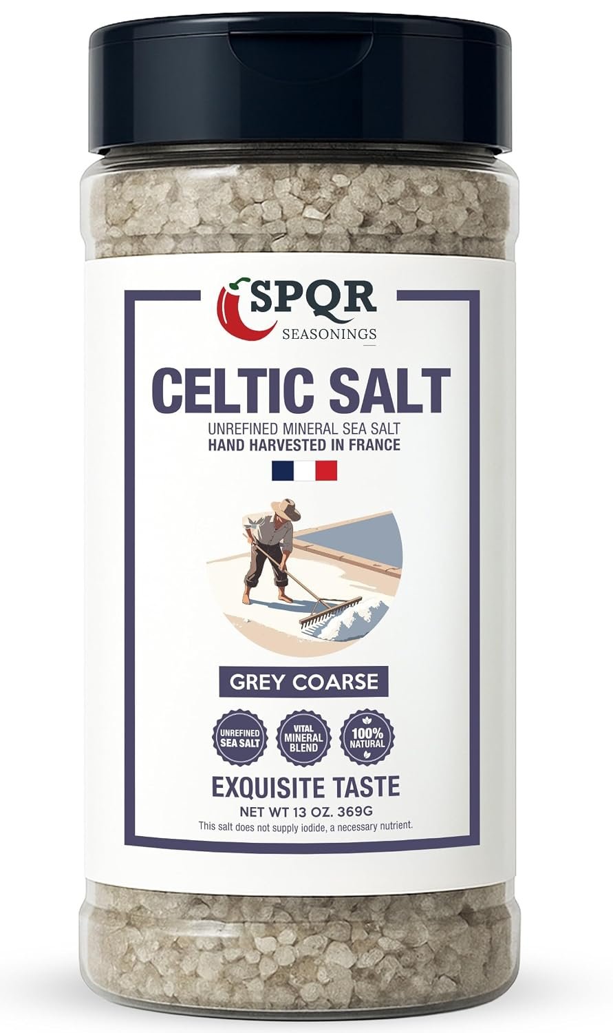 Celtic Salt Grey Coarse Grain Unrefined Mineral Sea Salt Hand Harvested in France XL 13oz. Bottle by SPQR Seasonings