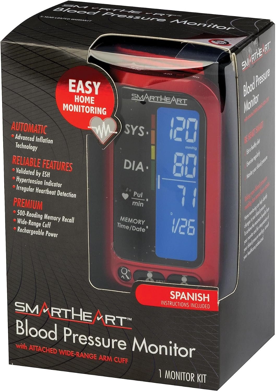 Smartheart Adult Cuff Arm Home Automatic Digital Blood Pressure Monitor 1-Tube Black 1 Each