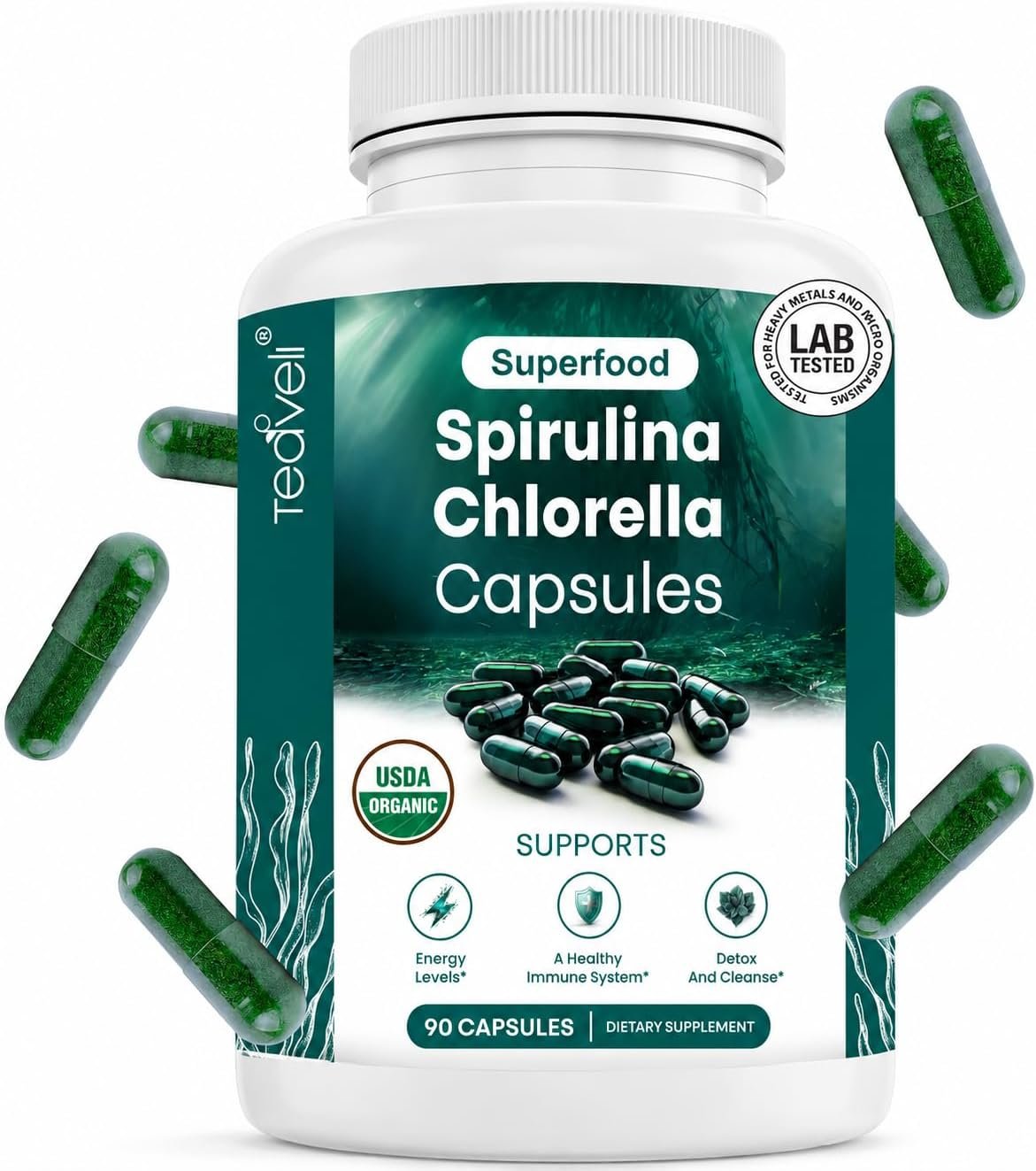 Organic Spirulina and Chlorella Capsules – Chlorophyll Pills & Blue Green Algae to Support Powerful Detox, Energy & A Healthy Immune System– 3X More Chlorella Spirulina Powder/Serving – 90 Ct