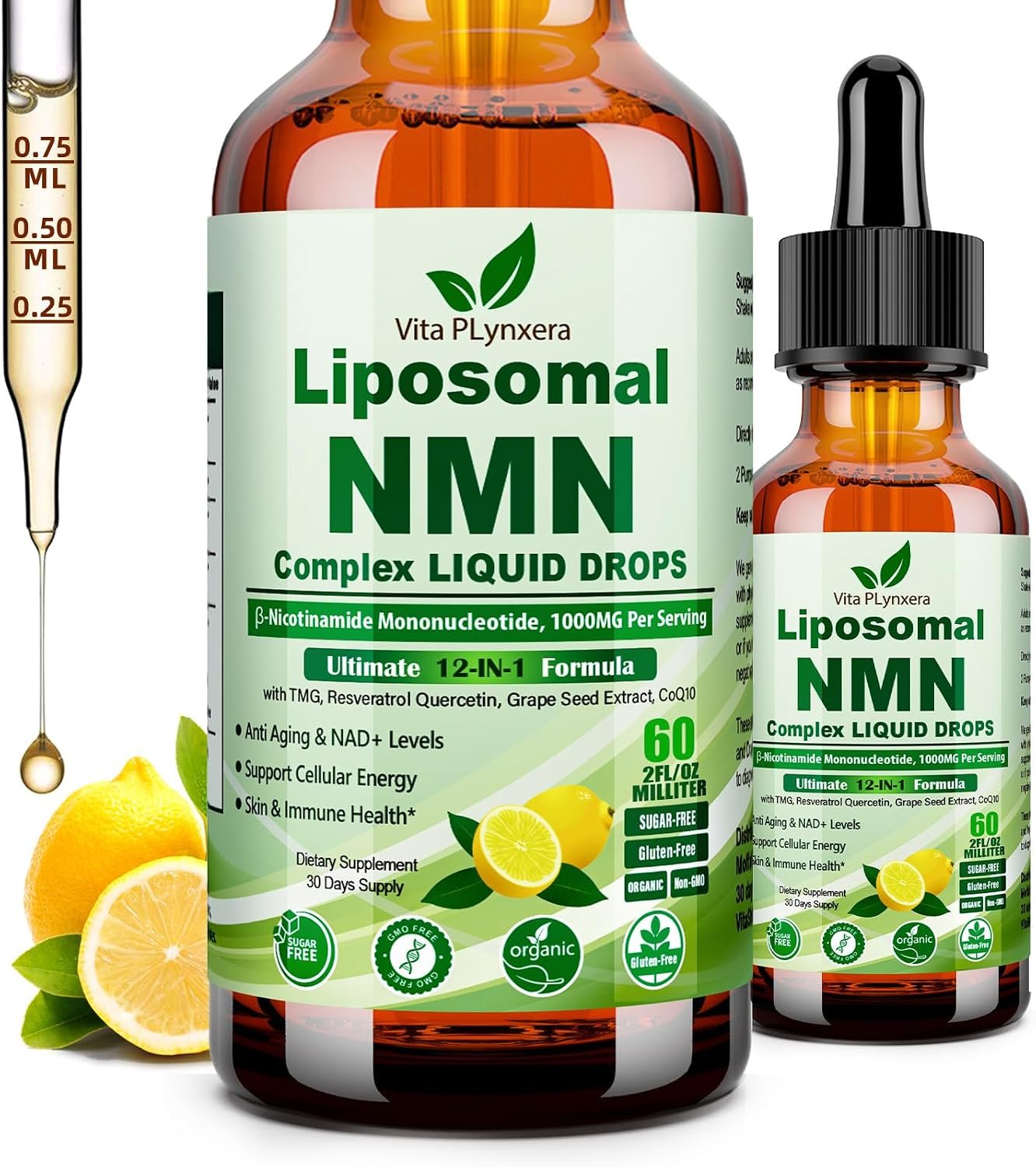 NMN Supplement Liquid Drops, Ultimate 12-in-1 NMN Beta 1000mg w. Quercetin TMG Resveratrol Coq10 Astaxanthin for Anti Aging Energy & Immune, NMNH Alternative Liposomal High Absorption For Women Men