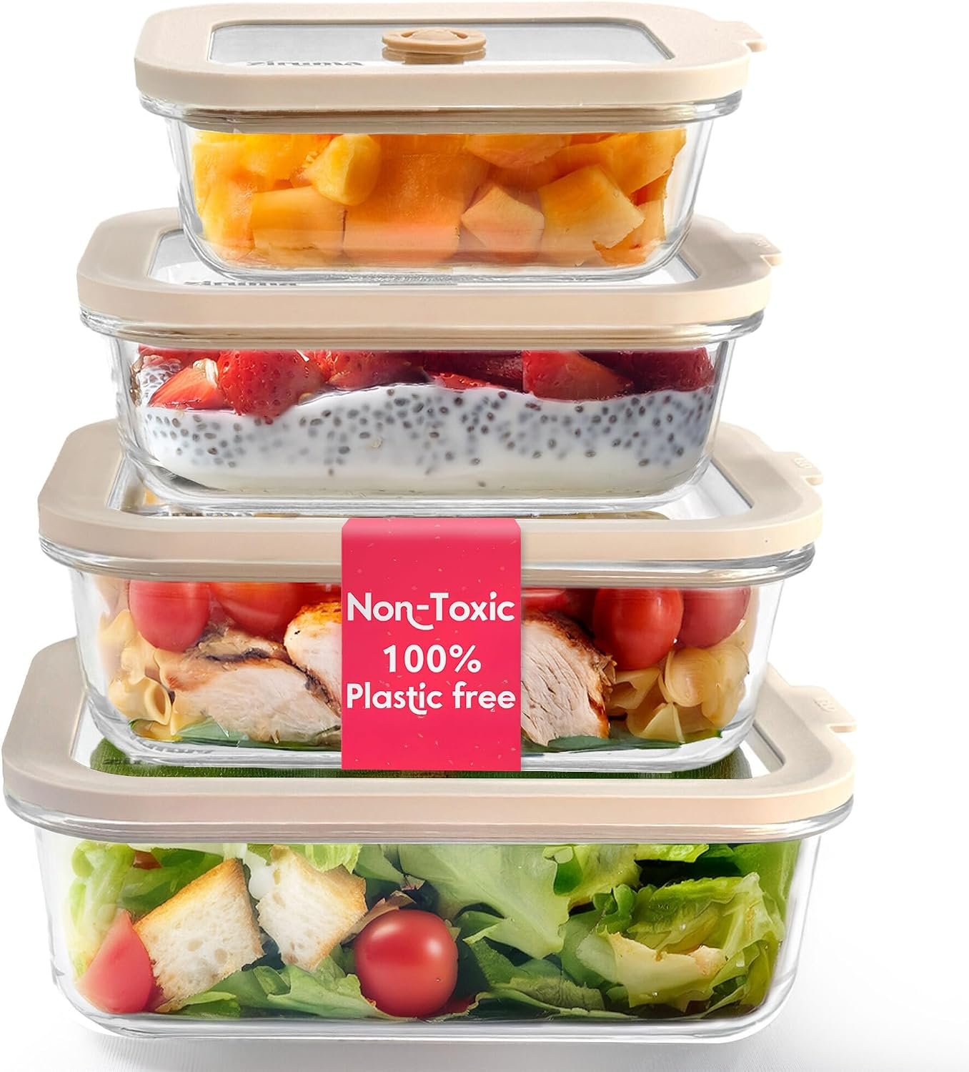Non-Toxic Glass Food Containers with Lids, 4-Pack, Multi-Size, Beige