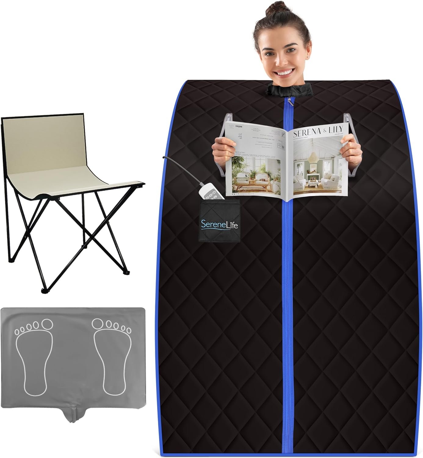 SereneLife Compact & Portable Infrared Steam Sauna, Personal Spa Style Sauna for At-Home Relaxation and Rejuvenation, Easy Access Sit-in Design, Foldable Chair, Energy Efficient, Foot Pad Heating Mat