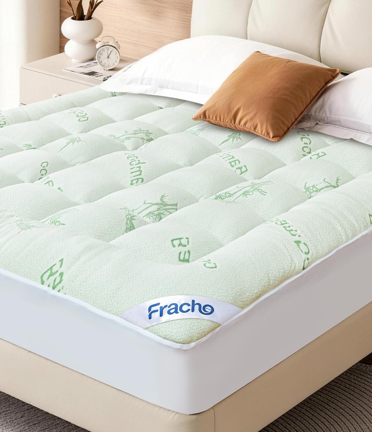 Fracho Ultra Soft Queen Mattress Topper – Cooling Bed Pad with Cover Made from 55% Rayon Made from Bamboo 45% Polyester – 1000GSM Plush Pillow Top, Breathable & Supportive for Hot Sleepers, Green