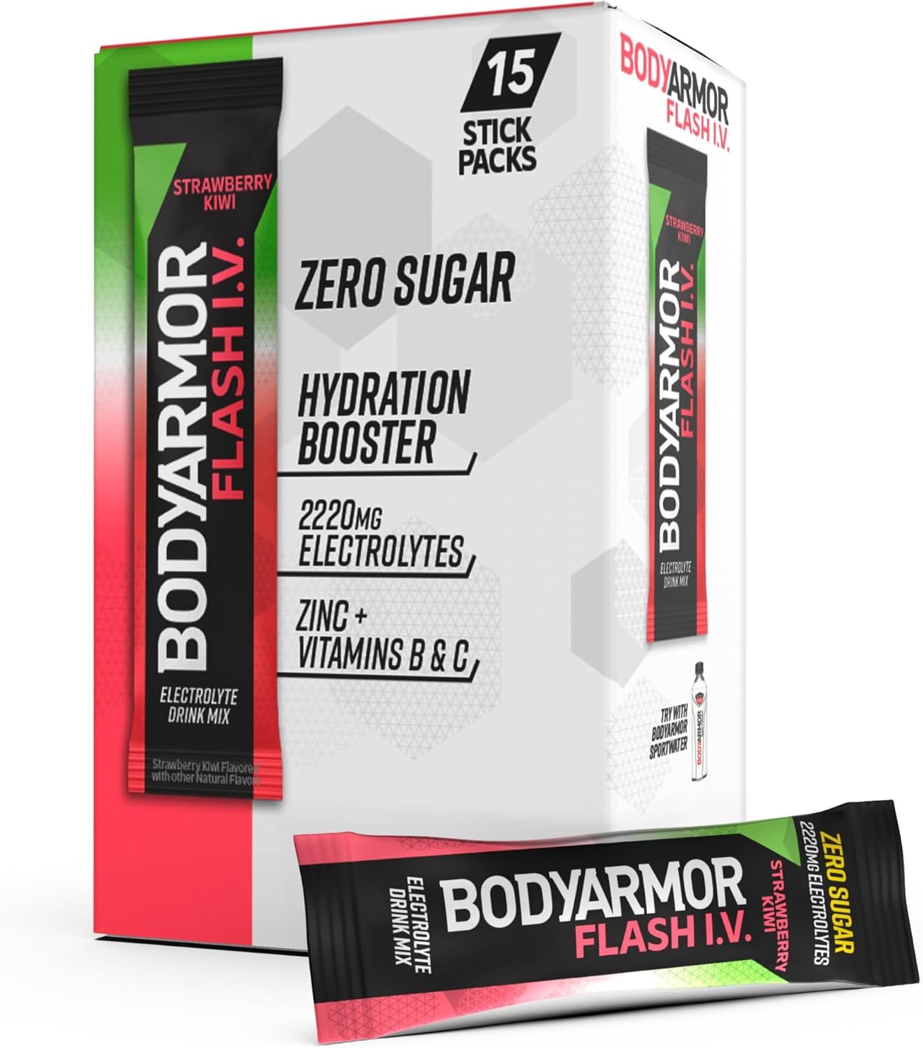 BODYARMOR Flash IV Zero Sugar Electrolyte Mix, Strawberry Kiwi, 15 Ct