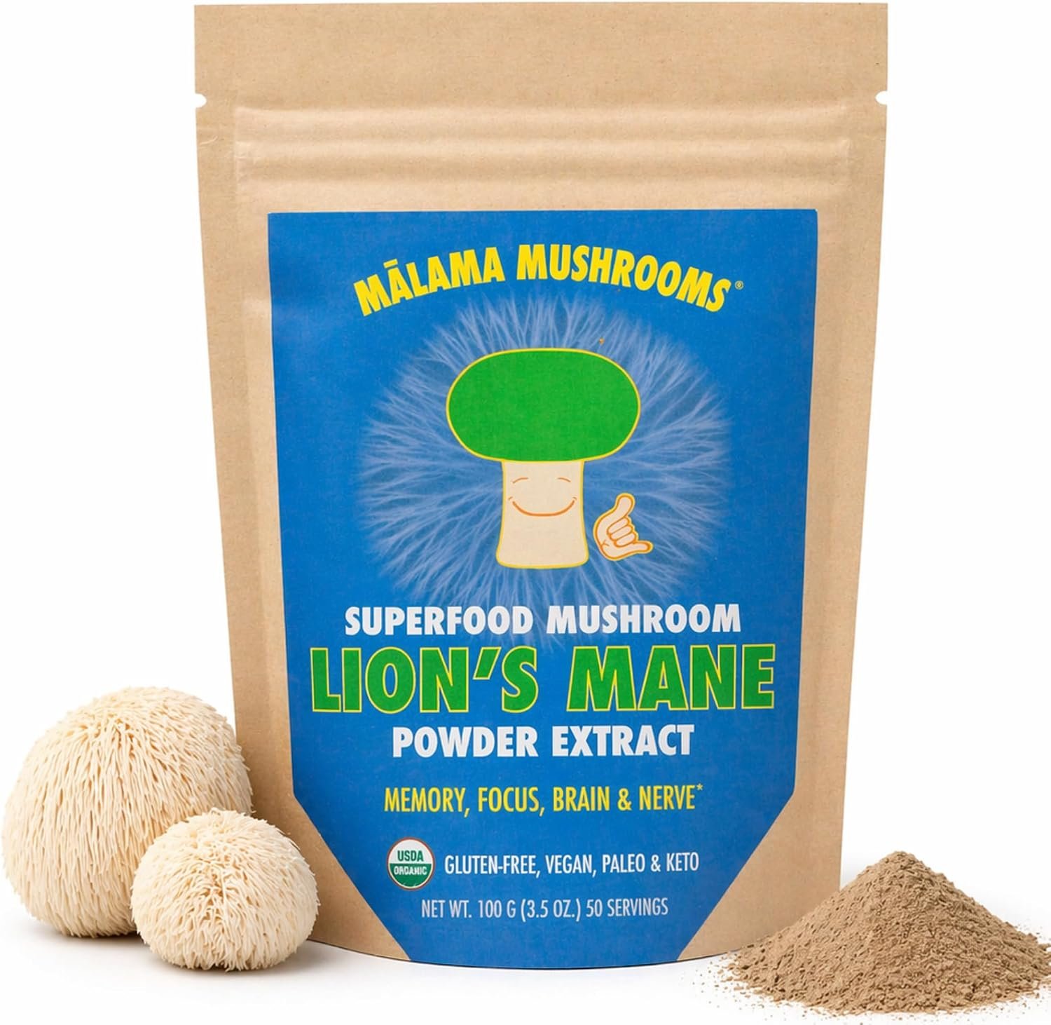 Malama Organic Lions Mane Mushroom Extract Powder, Natural Superfood 3.5 oz
