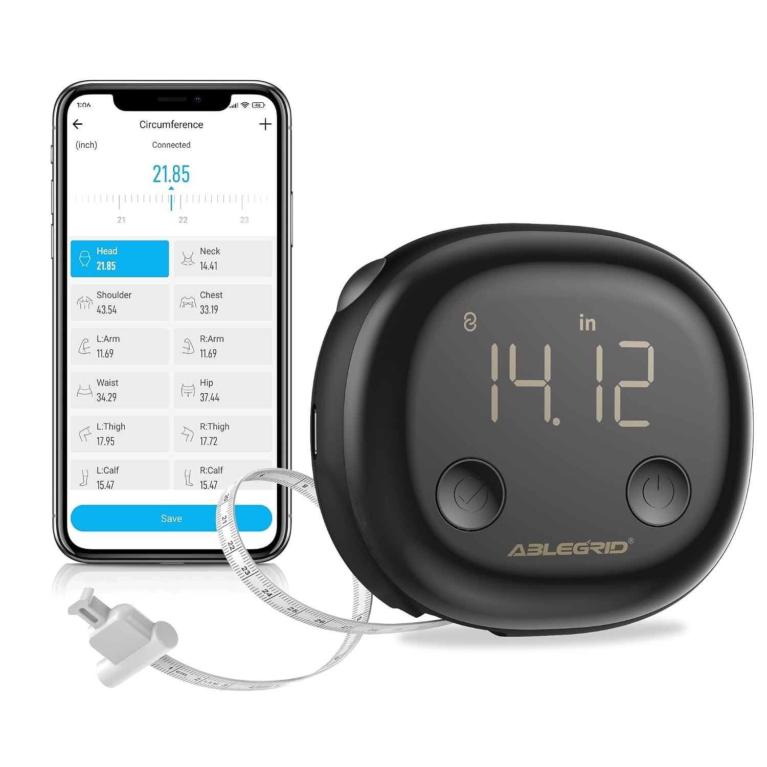 ABLEGRID Smart Body Tape Measure,Rechargeable Body Measuring Tape with Fitdays APP,Accurate Retractable Digital Body Measurement Device Tool for Muscle Gain,Weight Loss,Fitness,Locking,60in/150cm