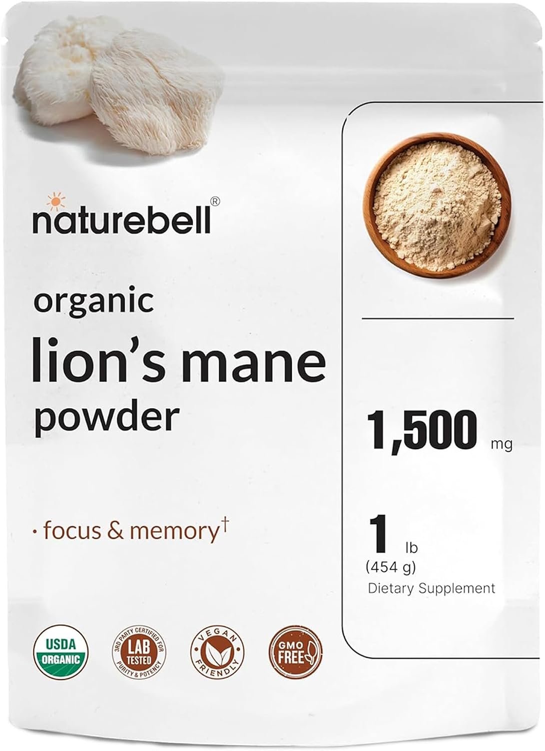 NatureBell Organic Lion’s Mane Powder 1,500mg, 1 lb