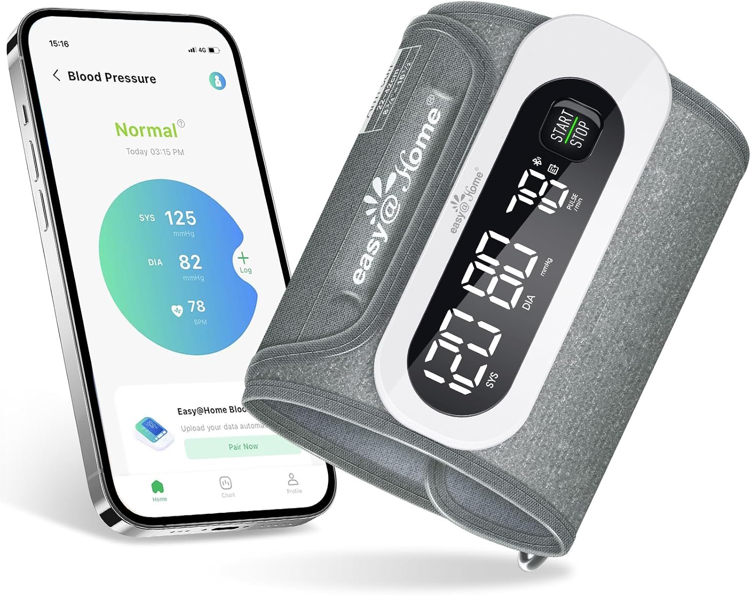 Wireless Bluetooth Blood Pressure Monitor for Home Use: Easy@Home Rechargeable BP Machine with Large Cuff, Free MyHeartPal App, One-Piece Design, Compact & Portable, iOS & Android Compatible, EBP-96B