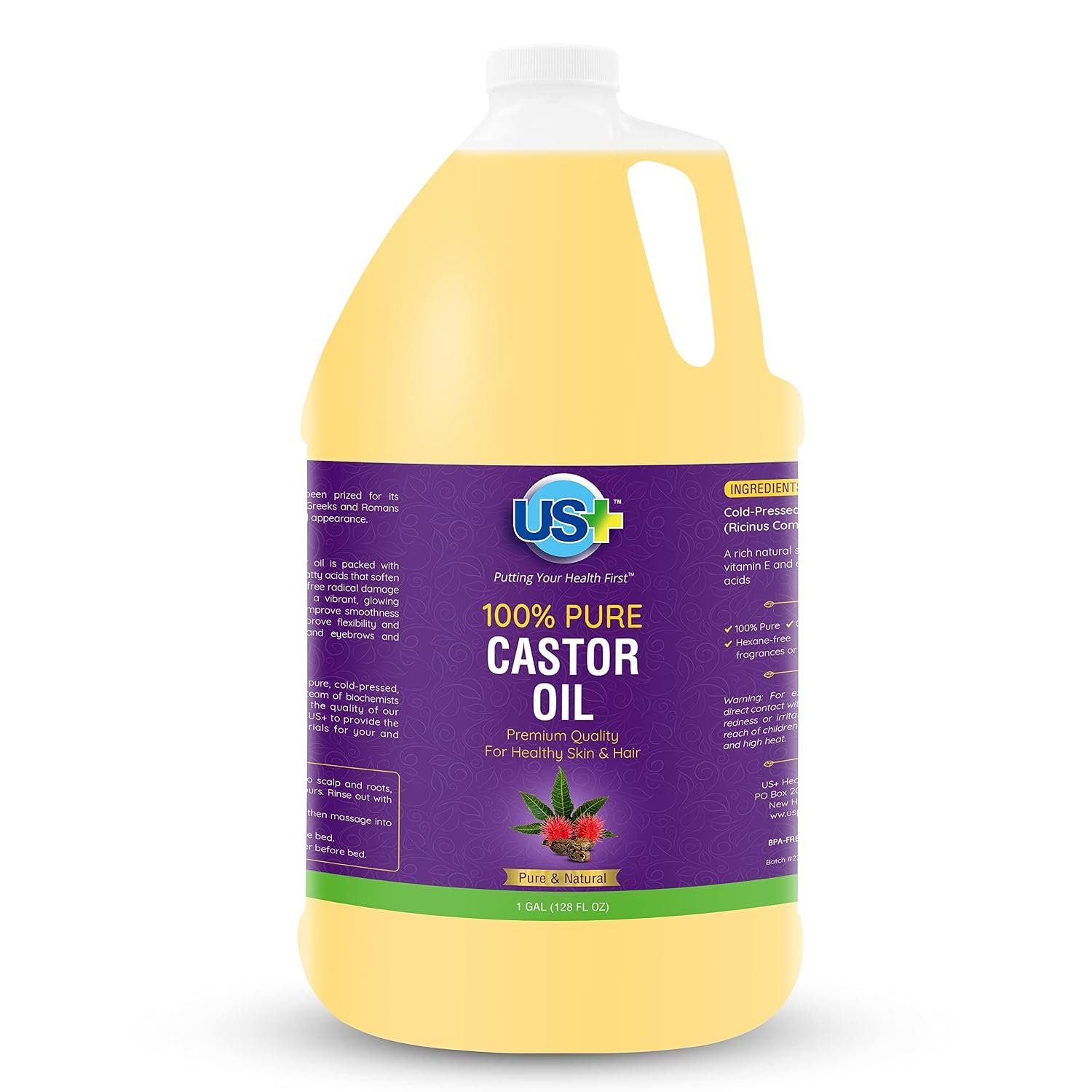 US+ Castor Oil Cold Pressed, 100% Pure, USP Grade – 1 Gallon