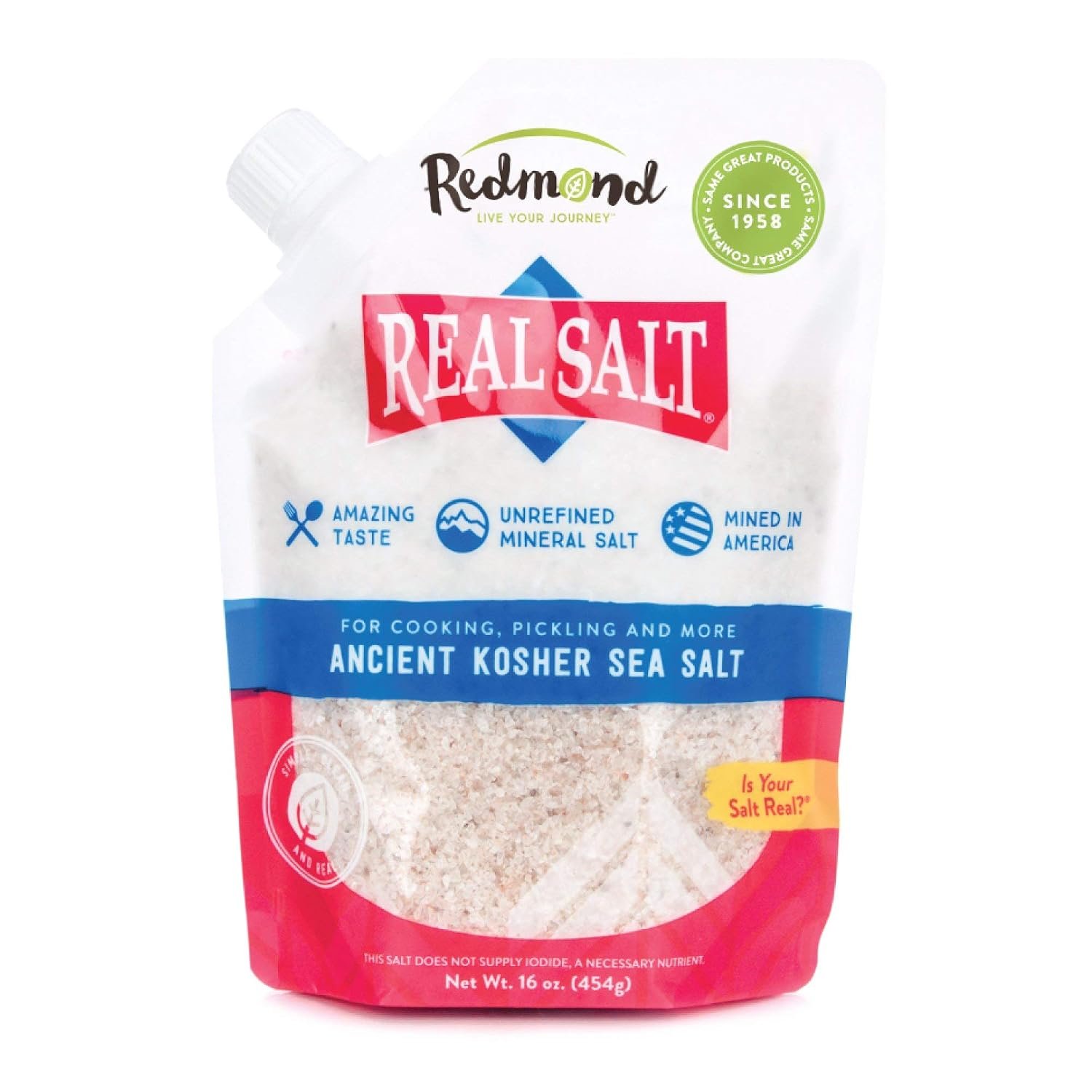 Redmond Real Salt – Sea Salt, Unrefined Kosher, 16 Oz Pouch (1 Pack)