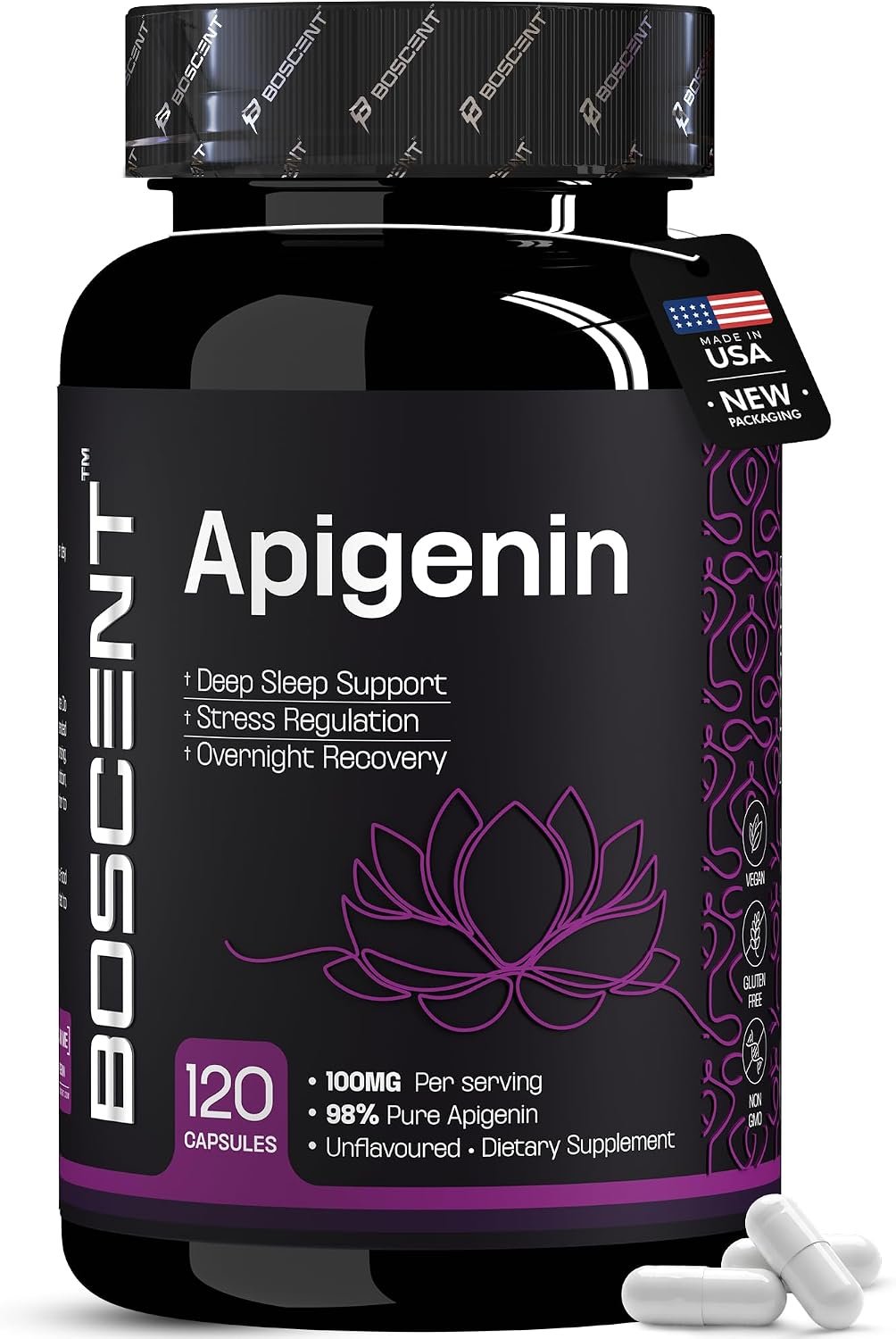 Apigenin 100mg Supplement, 98% Pure Chamomile Extract, 120 Capsules for Sleep, Relaxation, Brain and Prostate Health, Non-GMO, Vegan, No Fillers, Made in USA, 4 Month Supply