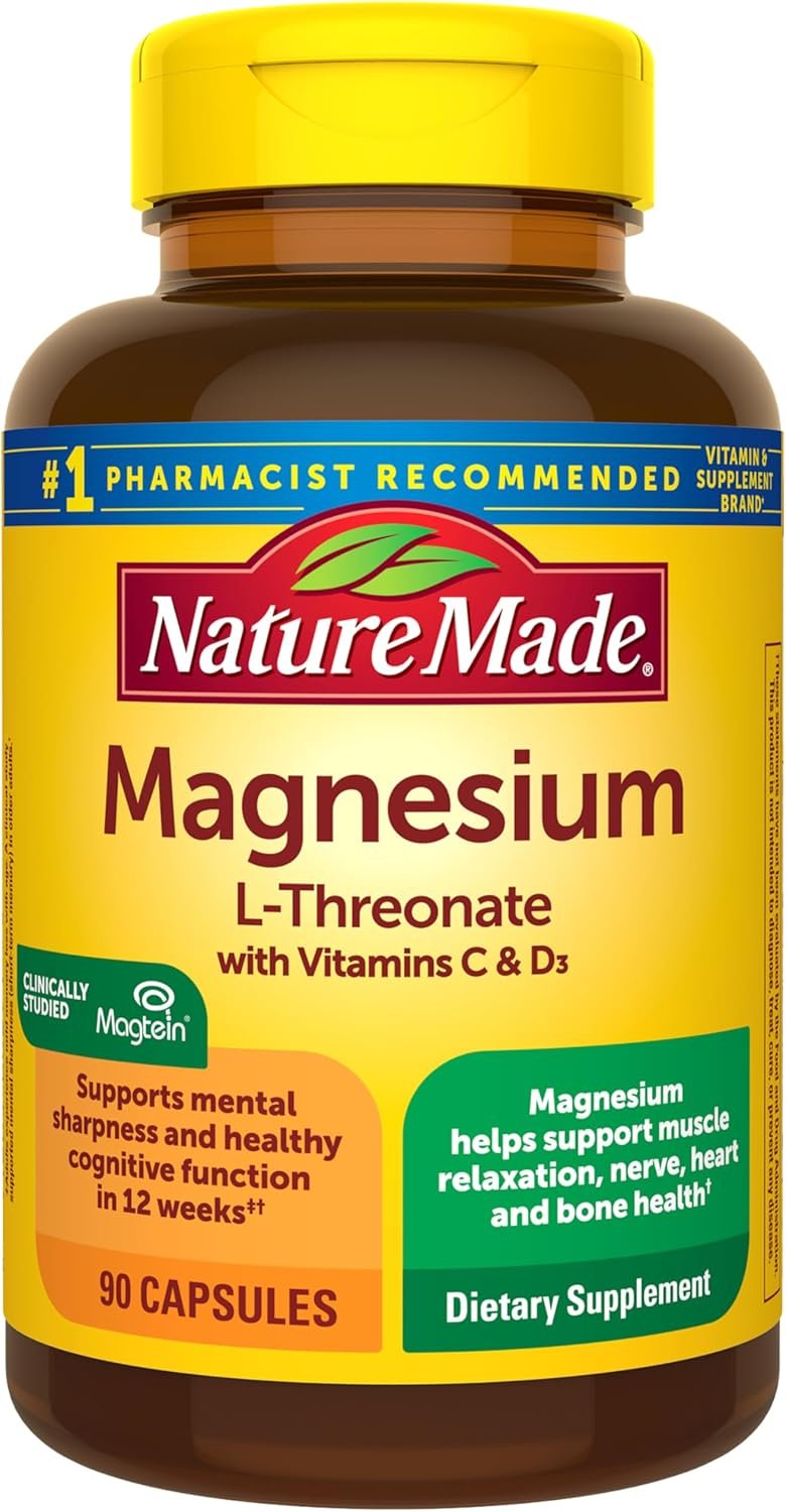 Nature Made Magnesium L-Threonate with Vitamin C & Vitamin D3, 90 Capsules