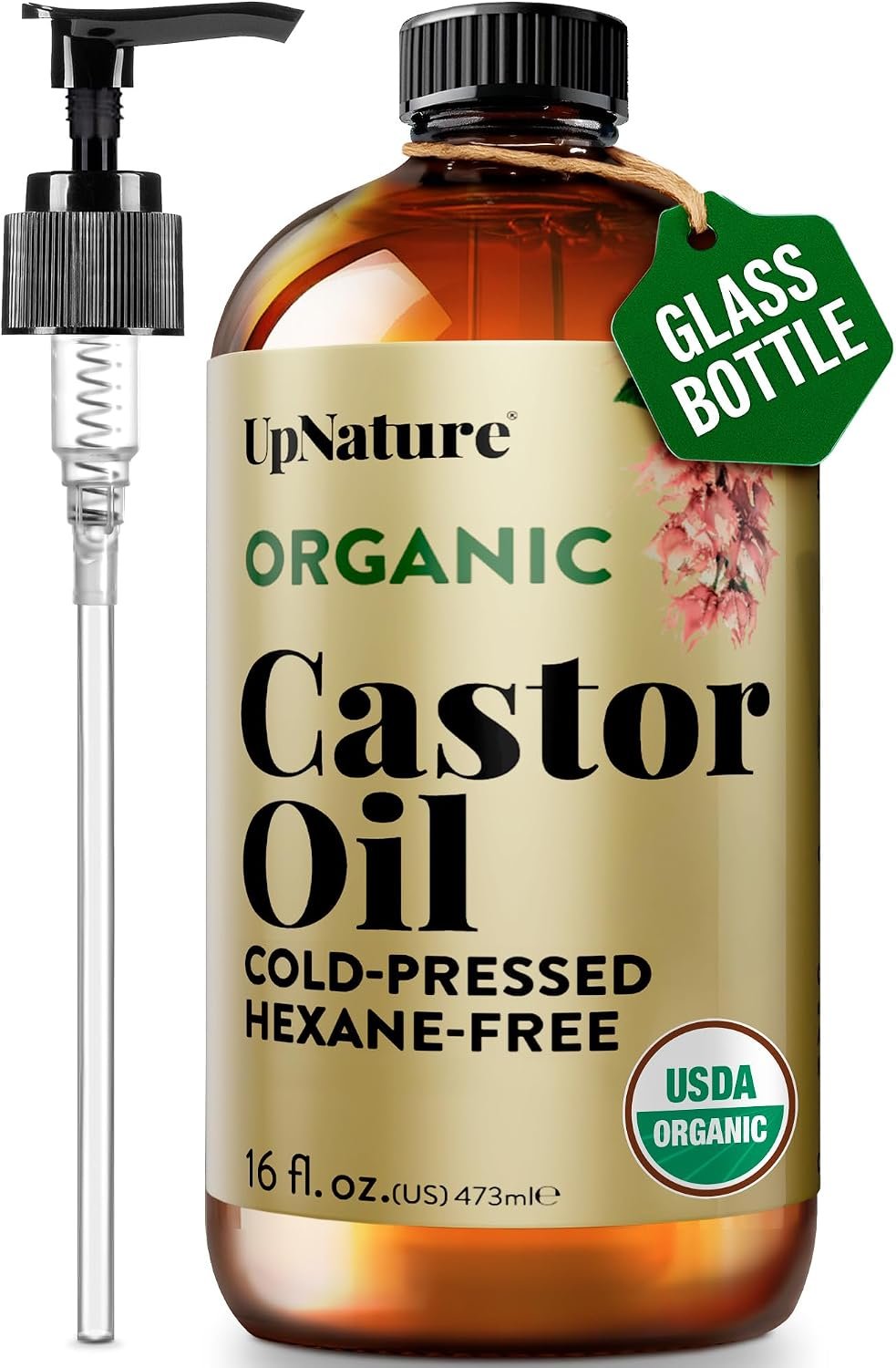 UpNature Organic Castor Oil, Cold Pressed Hexane-Free, 16oz Glass Bottle