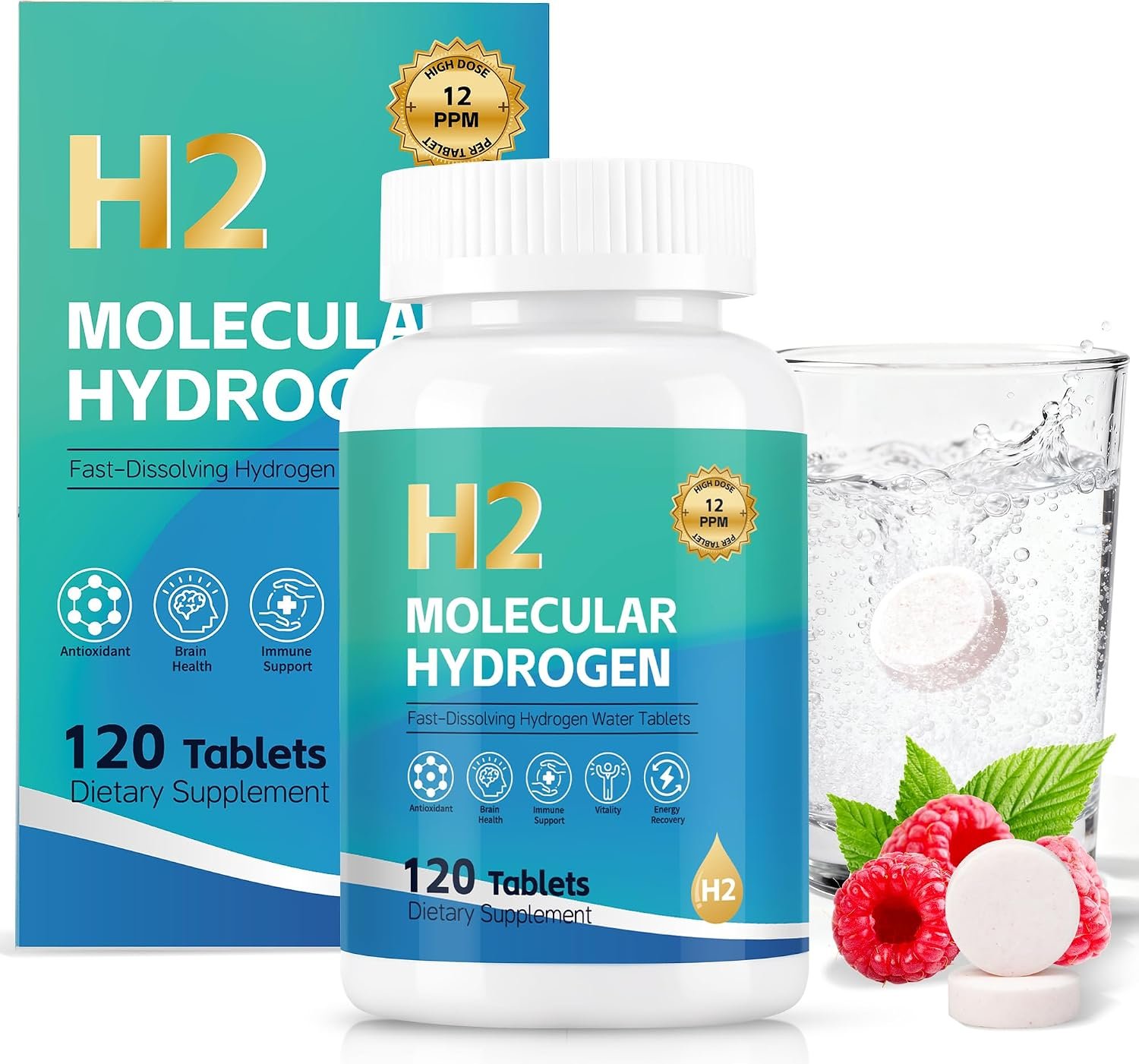 Molecular Hydrogen Water Tablets, 12 PPM H2 Supplement with Magnesium, Raspberry Flavor, Fast-Dissolving H2 Tablets for Water, 120 Tablets