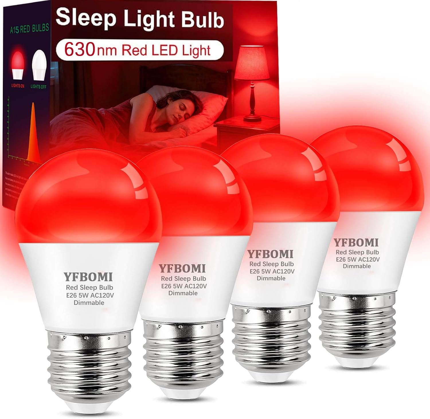 630nm Red Light Bulbs for Sleep Dimmable, 100% Blue Light Blocking A15 Red LED Dim Bulbs Bedroom Night Light for Party Decoration, Porch, Holiday Lighting etc Home Bulb E26 Base 5W 4Pack