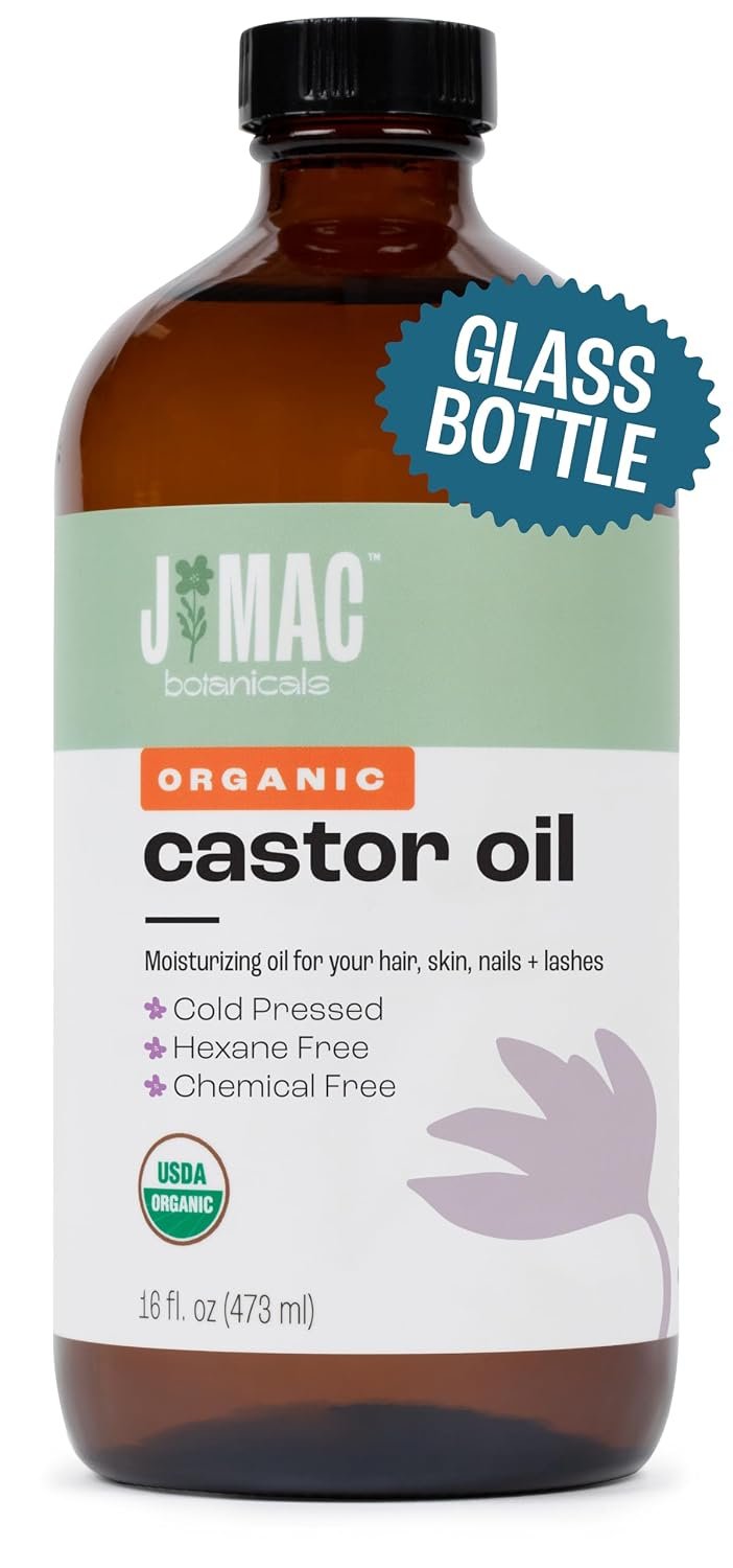 J MAC BOTANICALS Organic Castor Oil Cold Pressed in Amber Glass Bottle (16 oz) USDA Certified, Hexane Free – Moisturizing Oil for Hair, Skin, Face, Eyelashes, Brows, Nails, and Castor Wraps