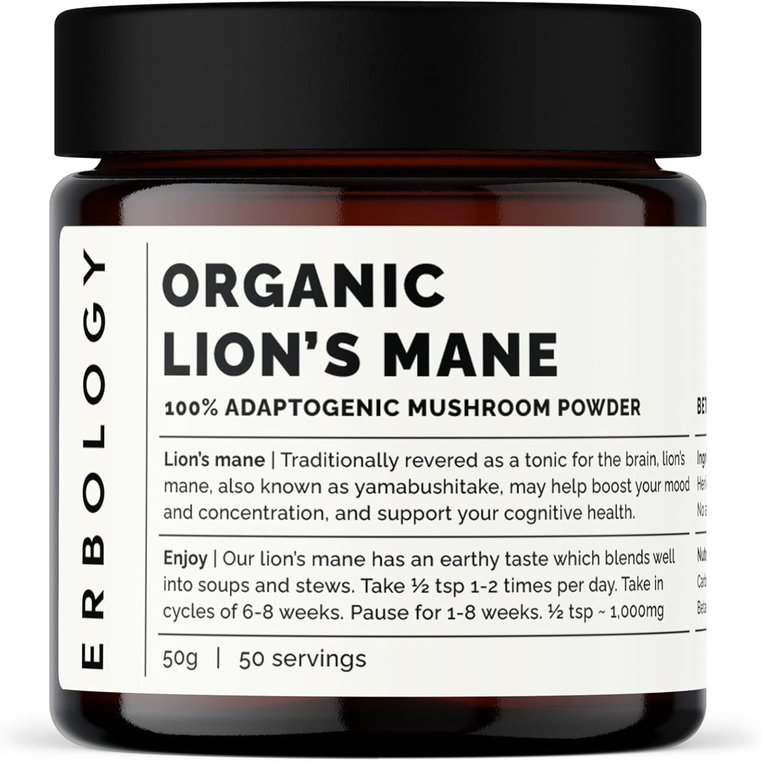 Erbology Organic Lion’s Mane Mushroom Powder 50 Servings – 32% Beta-glucans – Calm and Focus – Hericium Erinaceus – Small Batch – Sustainably Grown in Europe – Vegan – Non-GMO – No Added Fillers