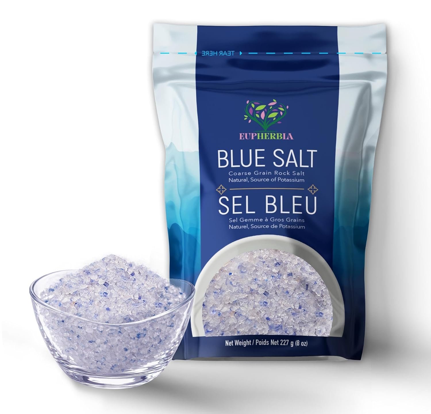 EUPHERBIA Blue Salt Coarse, Rare Mineral Low Sodium Salt, 227g Refill