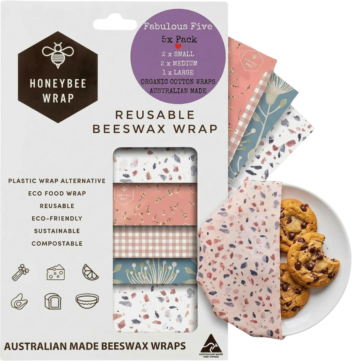 Reusable Beeswax Wraps for Food | 5 Pack | Eco Friendly, Organic, Biodegradable, Plastic Free, Bee’s Wrap Bowl Covers and Food Storage | Cling Wrap Alternative