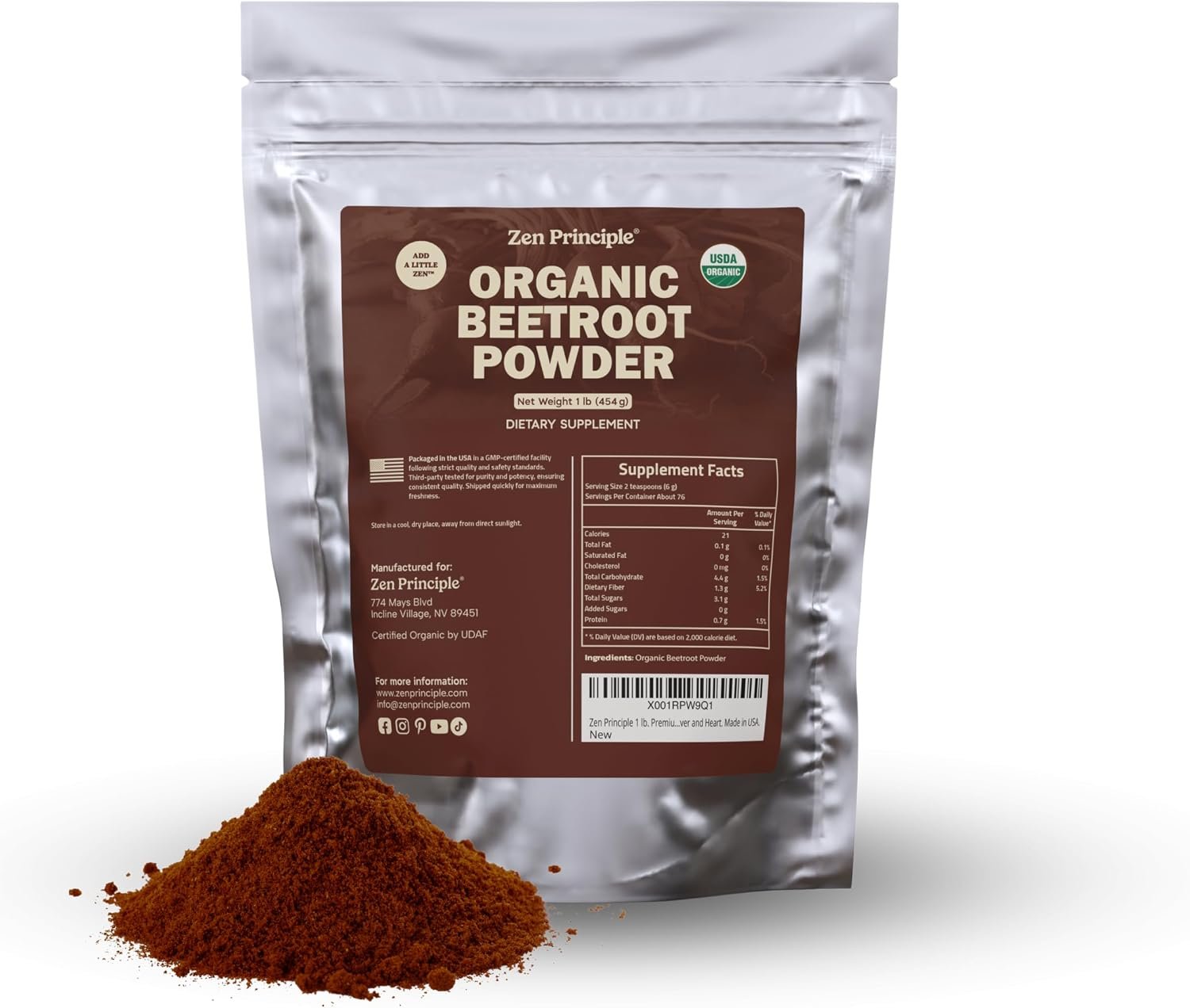 Zen Principle 1 lb. Premium Organic Beetroot Powder. 100% USDA Certified. More Fiber and Less Sugar than Beet Juice. All Natural Energy Boost, Supports Healthy Liver and Heart. Made in USA.
