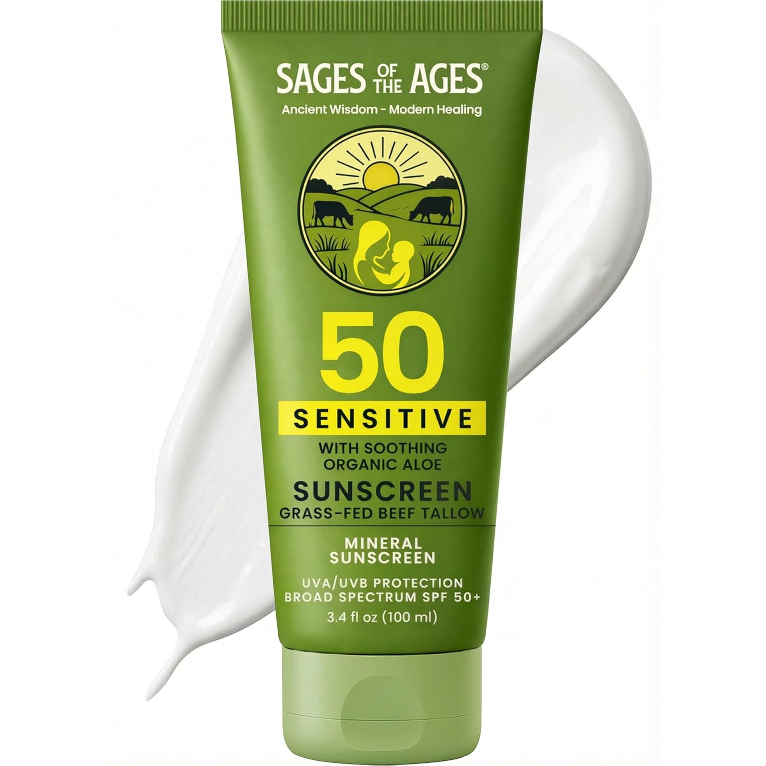 Grass-Fed Tallow Natural Mineral Sunscreen SPF 50 — No White Cast, Non-Nano Zinc Oxide, Reef Safe UVA/UVB, Water Resistant 80 Min, Moisturizing & Soothing with Aloe Vera, Face & Body