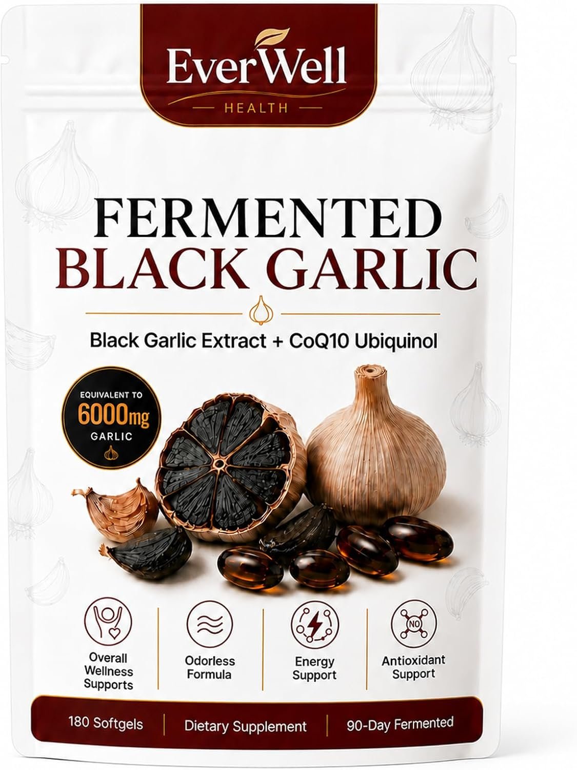 Fermented Black Garlic + CoQ10 Ubiquinol Softgels, Odorless Aged Garlic Extract Supplement, Antioxidant & Energy Support, Daily Wellness Support Formula, 180 Softgels