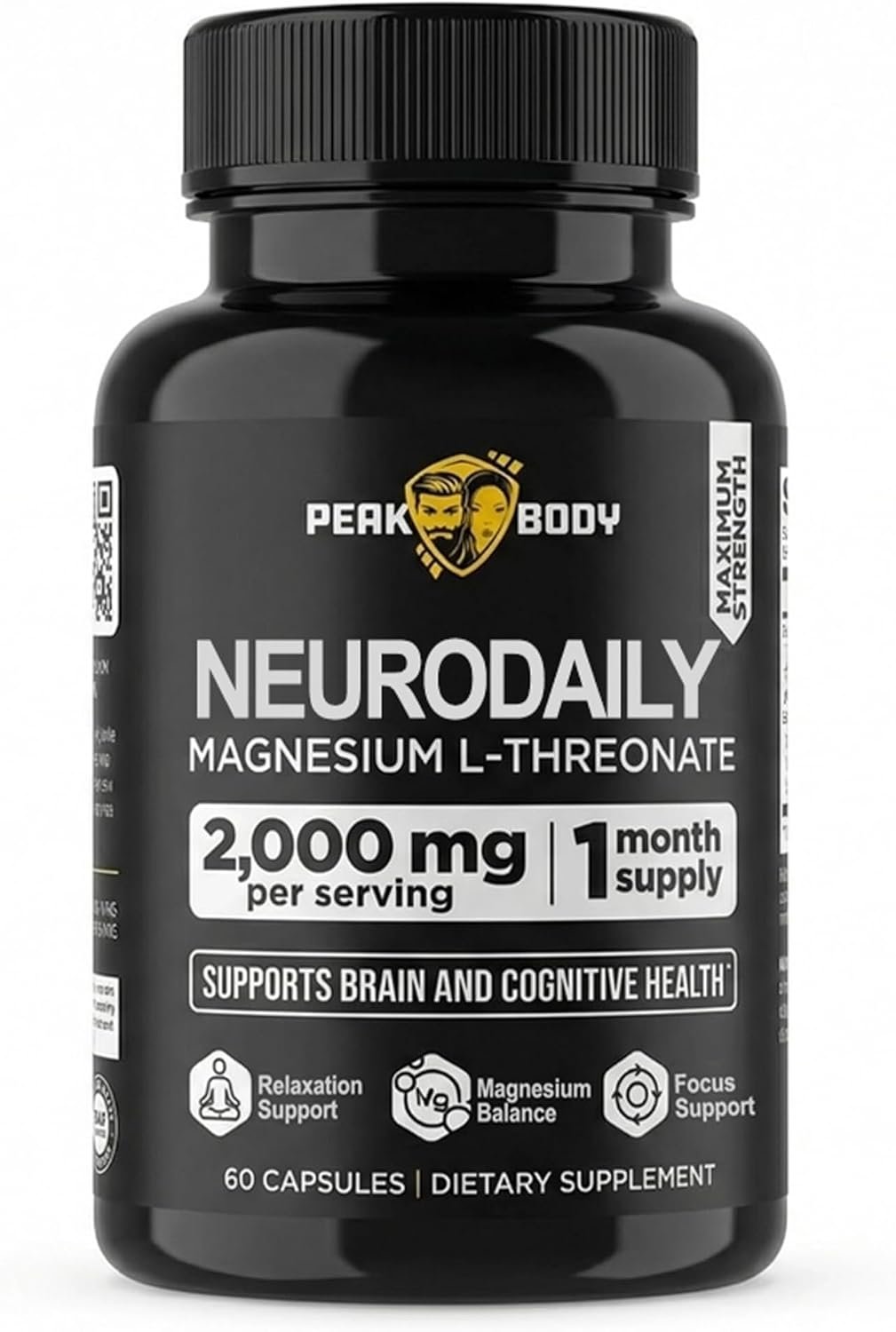 PeakBody Magnesium L-Threonate – 2,000 mg per Serving – 144 mg Elemental Magnesium – Supports Brain Health, Mental Clarity, and Relaxation – 60 Vegan Capsules – 20 Day Supply