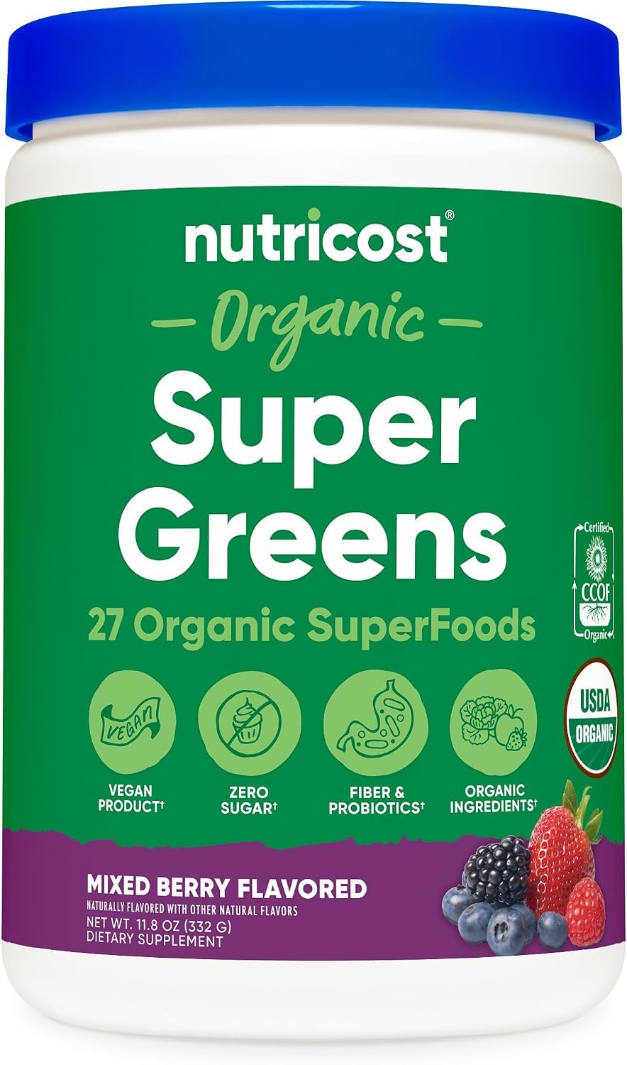 Nutricost Organic Super Greens Powder (Mixed Berry Flavor) 30 Servings