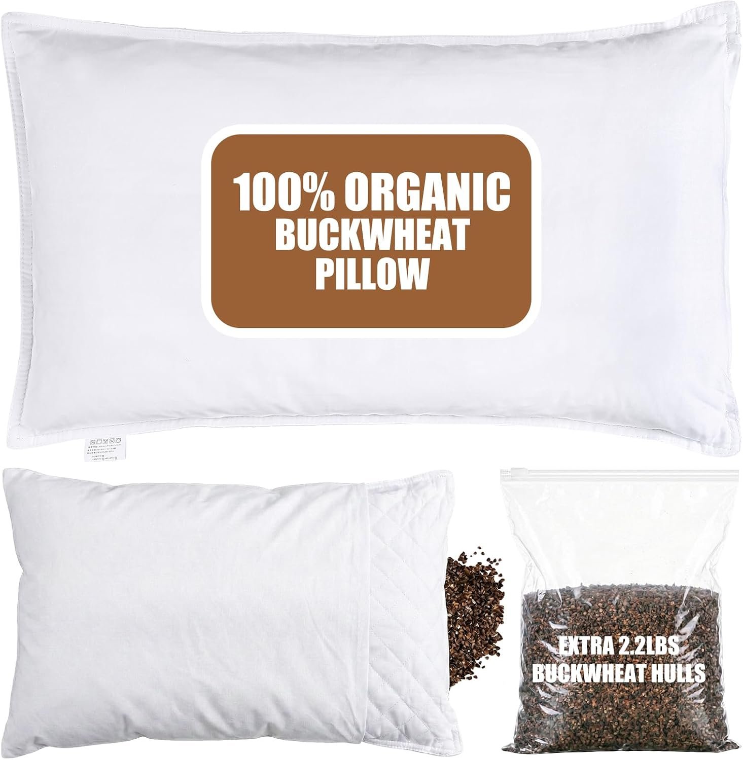 Organic Buckwheat Pillow for Sleeping with Dual-Layer Pillowcase and Extra 2.2lbs Buckwheat Hulls, 20″x12″, Adjust Height and Firmness, Neck Support Pillow for Back Side Sleepers