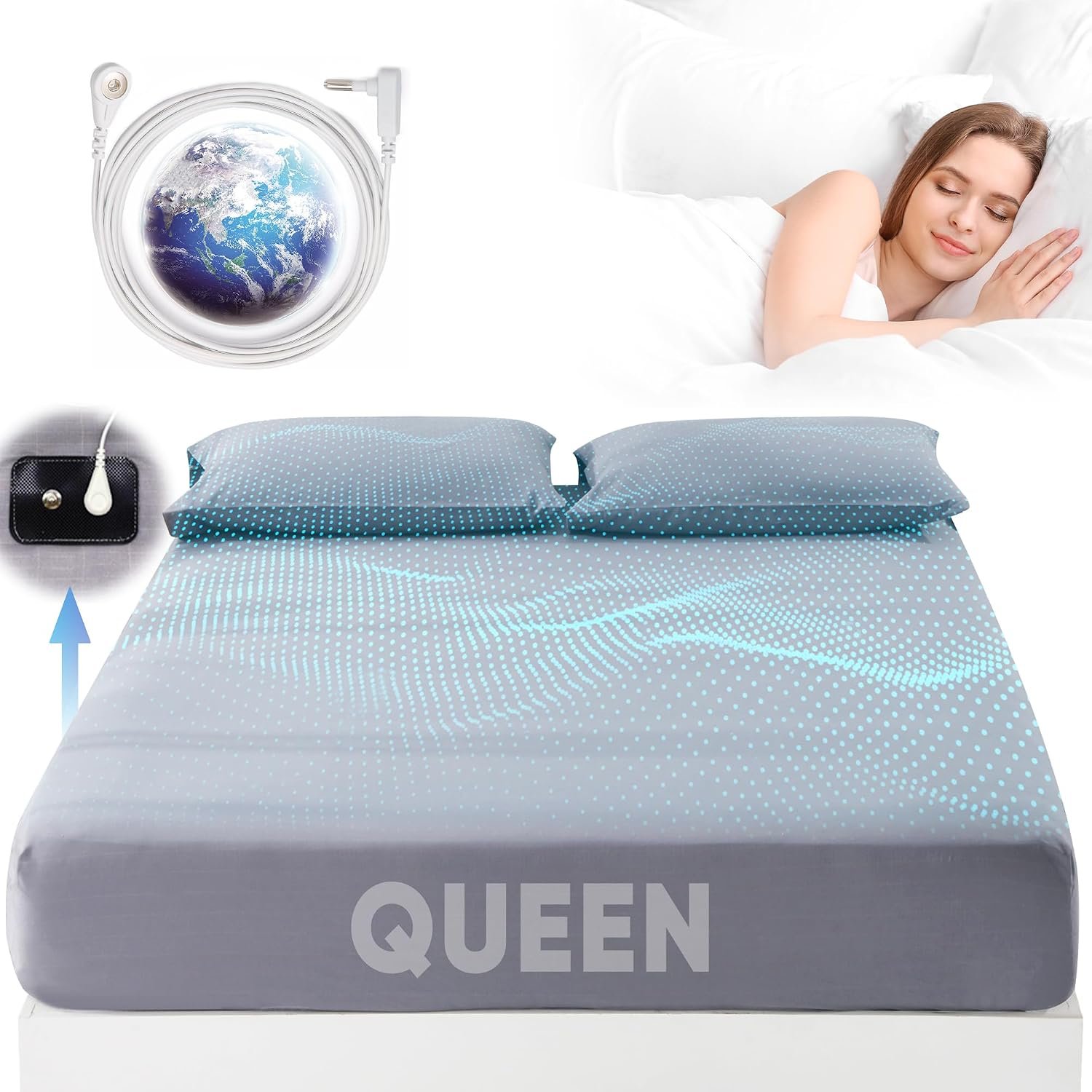 Grounding Sheet Queen Size – 95% Organic Cotton + 5% Pure Silver Fiber, Grounding Sheet Earth Connected Bedding (60″x 80″x 13″ Gray) Fitted Earth Sheets with Grounding Cord