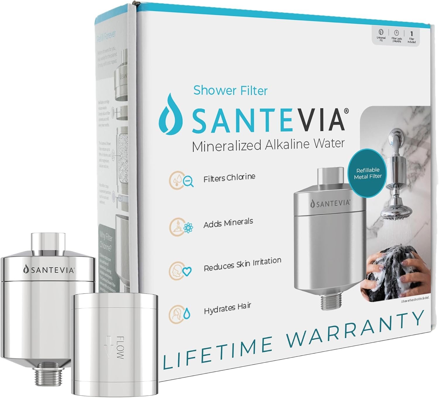 Santevia Refillable Showerhead Filter – Chrome Metal, Universal Fit Shower Head Filter Removes 99% Chlorine & Adds Magnesium for Softer Skin & Hair. Relieves Irritation & Eczema