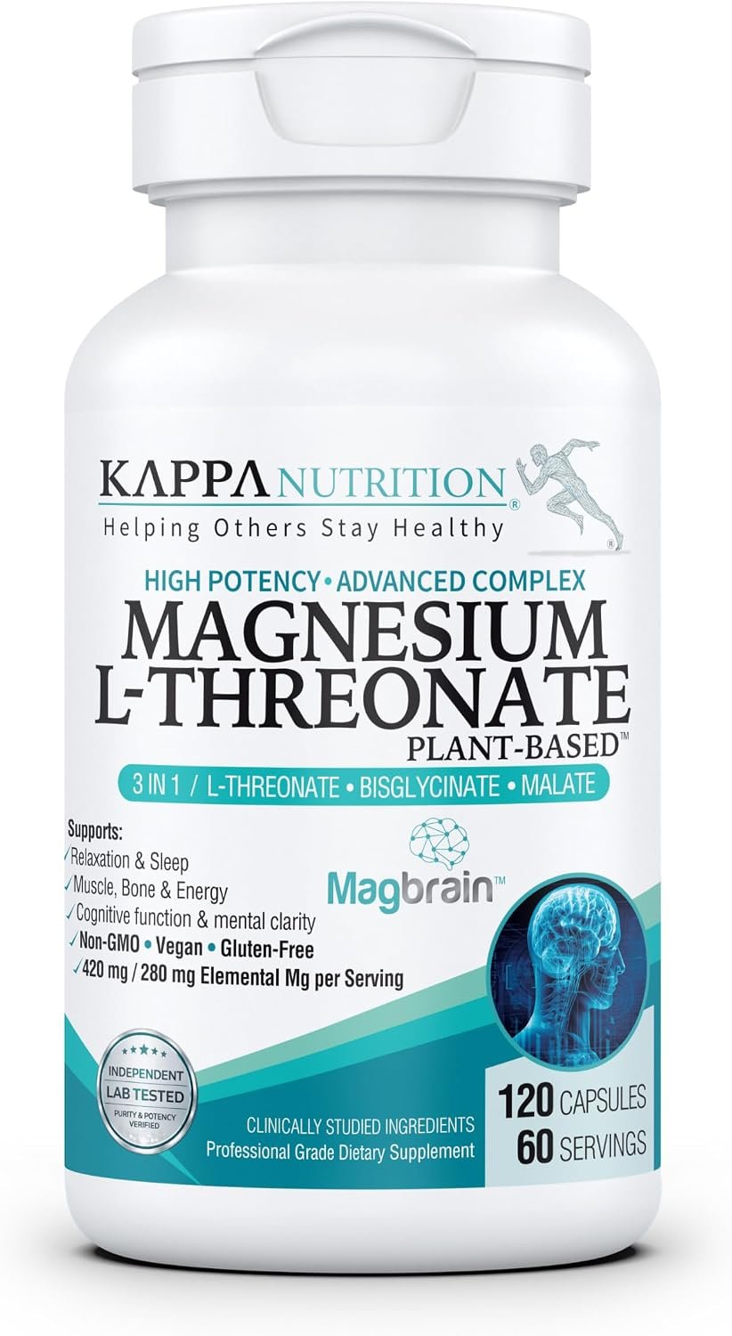 Kappa Nutrition Powered by Magbrain™ Magnesium L-Threonate Plant-Based, 420mg Elemental Magnesium (3 Capsules) from 2,253mg, 120 Vegan Capsules, Brain, Sleep & Muscle Support.