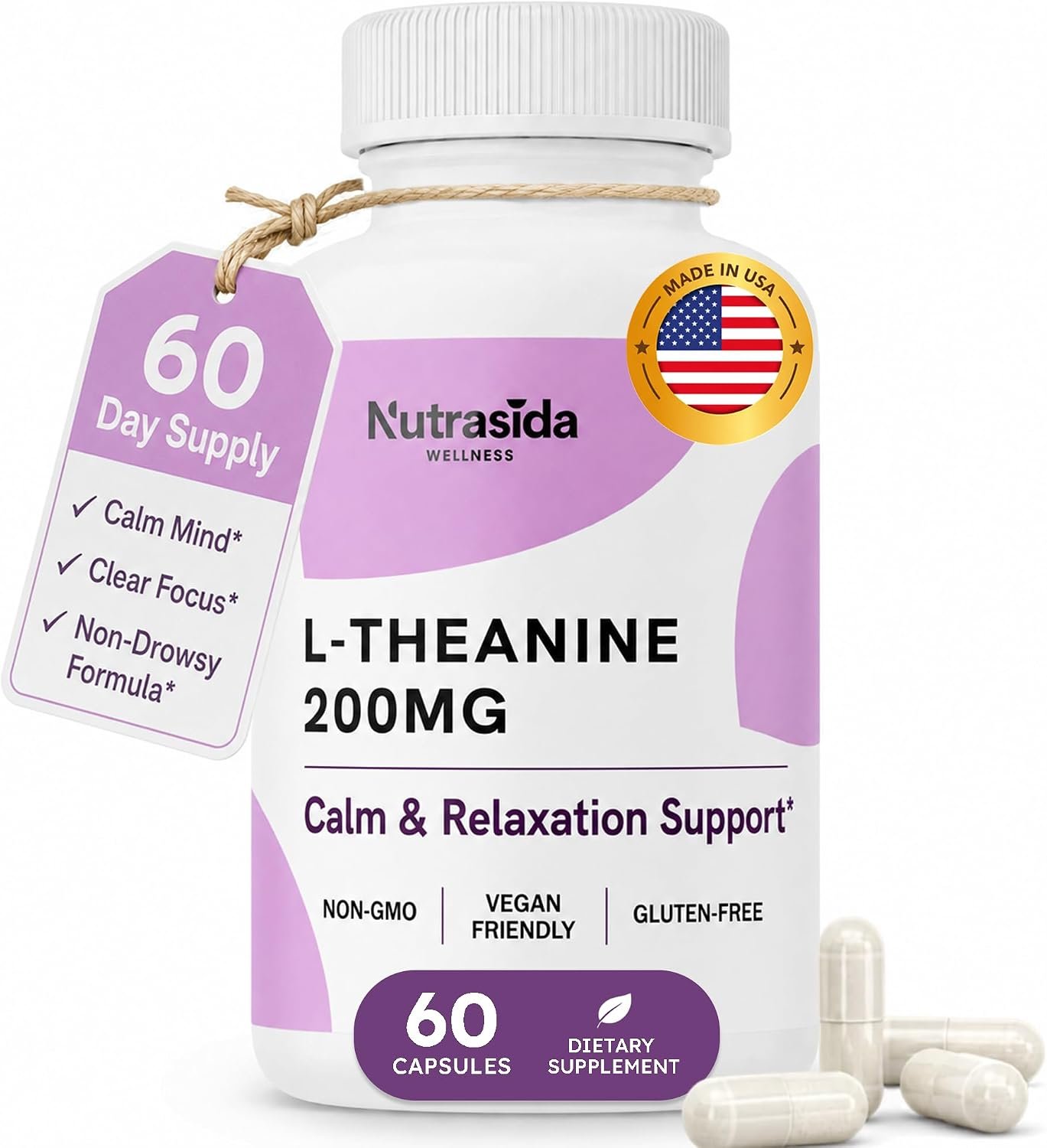 L-Theanine 200mg Amino Acid, cGMP USA Made 60 Capsules | 60 Servs
