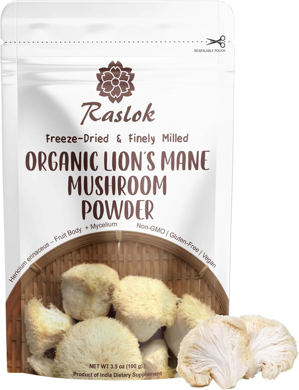 Raslok Organic Lion’s Mane Mushroom Powder – Freeze-Dried, Finely Milled – Fruit Body & Mycelium – No Additives – Vegan, Gluten-Free, Soy-Free – Dietary Supplement – 100g / 3.5 oz Resealable Pouch