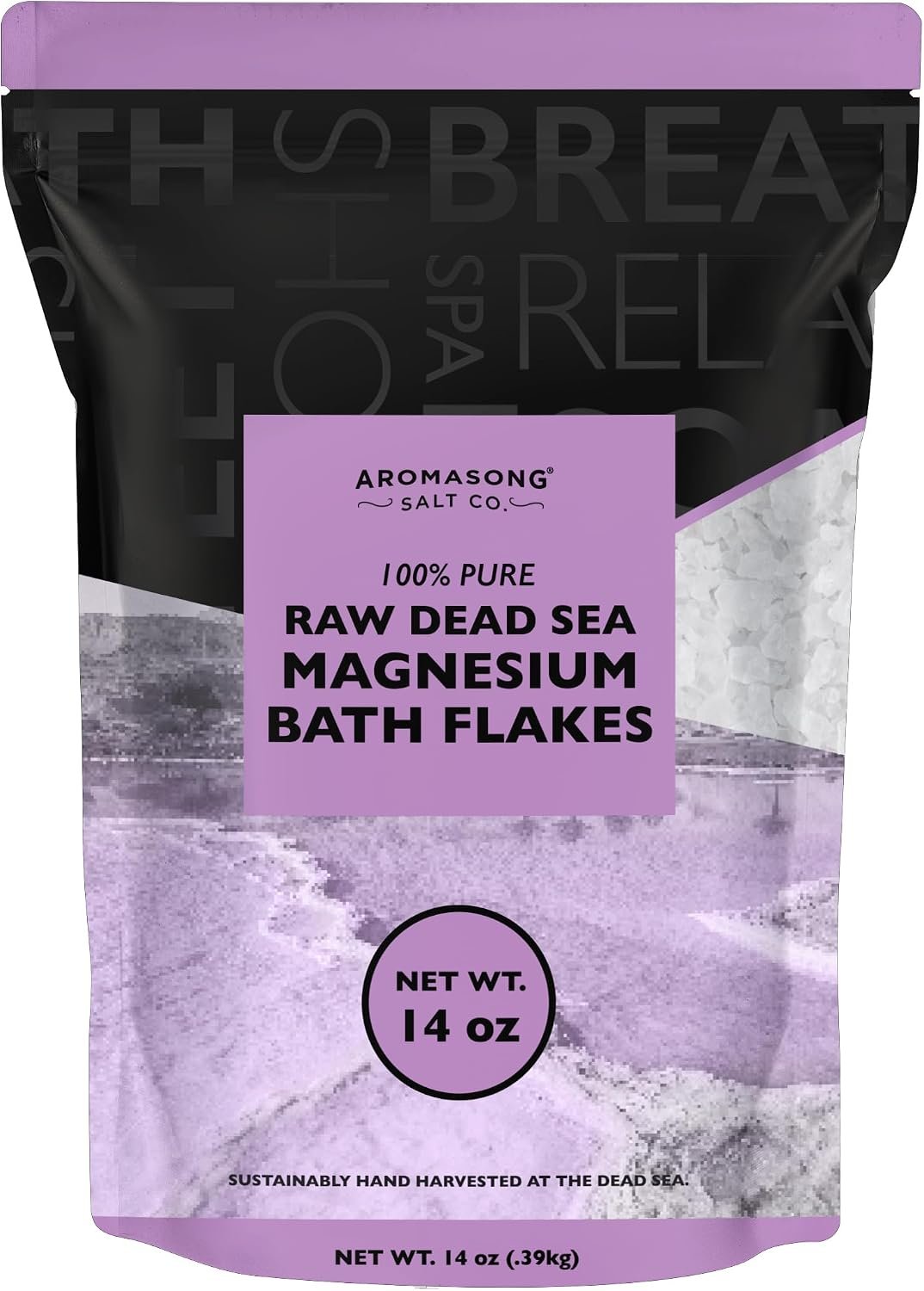Aromasong RAW Magnesium Bath Flakes with 100% Natural Lavender, 14 Oz. Muscle Relaxing Organic Salts Mg Chloride, Mineral Soak Salt.