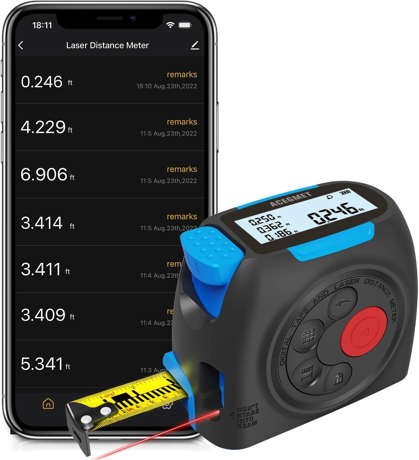 ACEGMET DT30 Digital Tape Measure, 131ft Laser&16ft Tape, ±1/16″ Precision