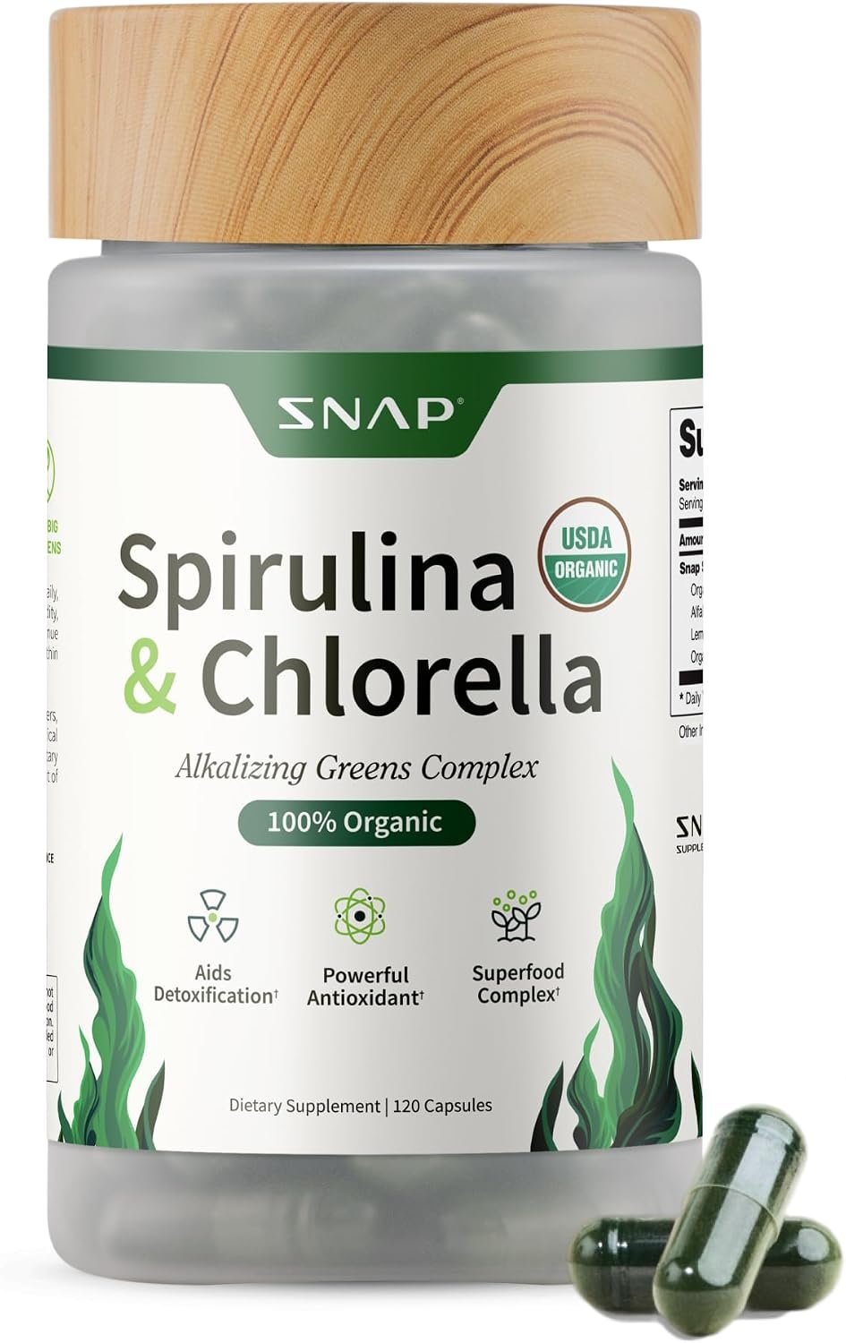 Snap Supplements USDA Organic Spirulina and Chlorella, 120 Vegan Capsules