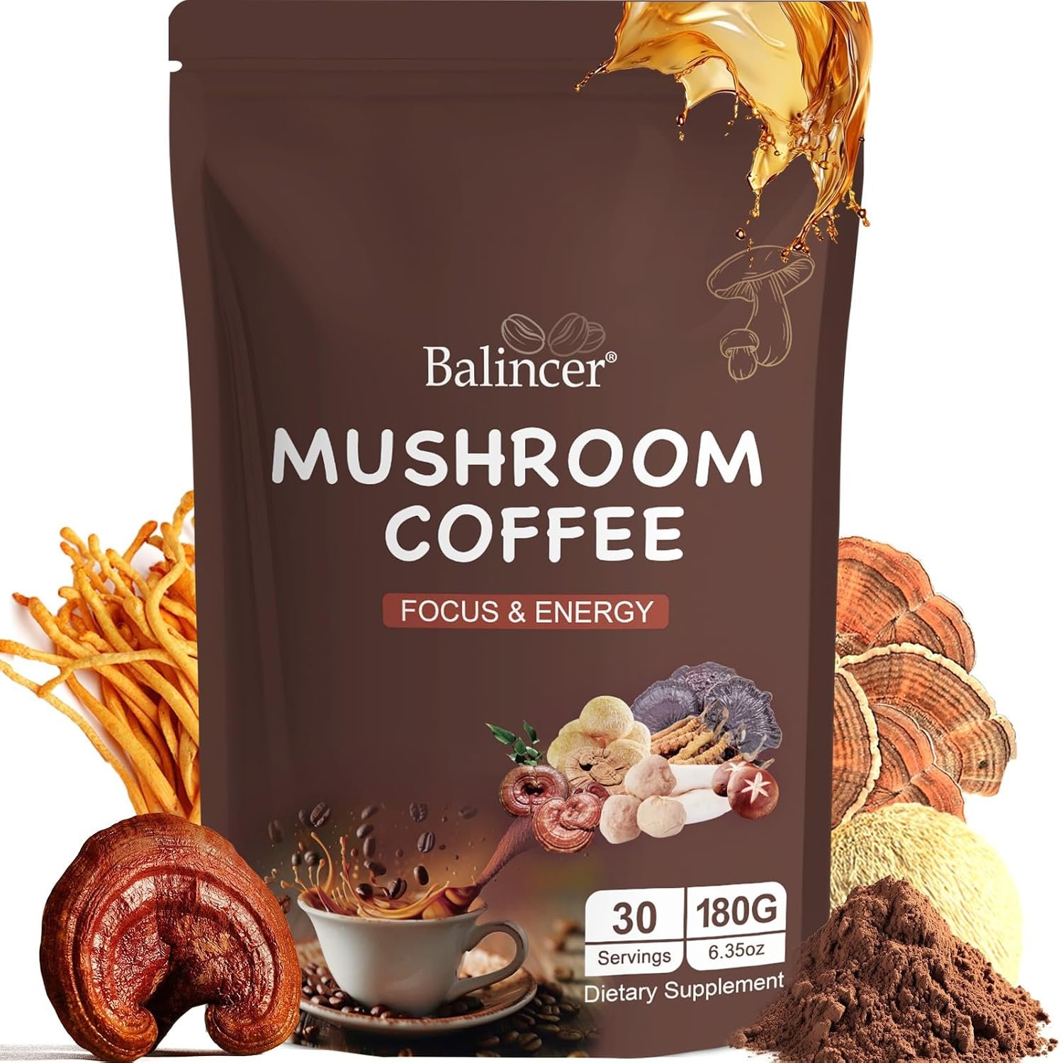 Mushroom Coffee Instant Powder with Adaptogens & Superfoods, 30 Servings