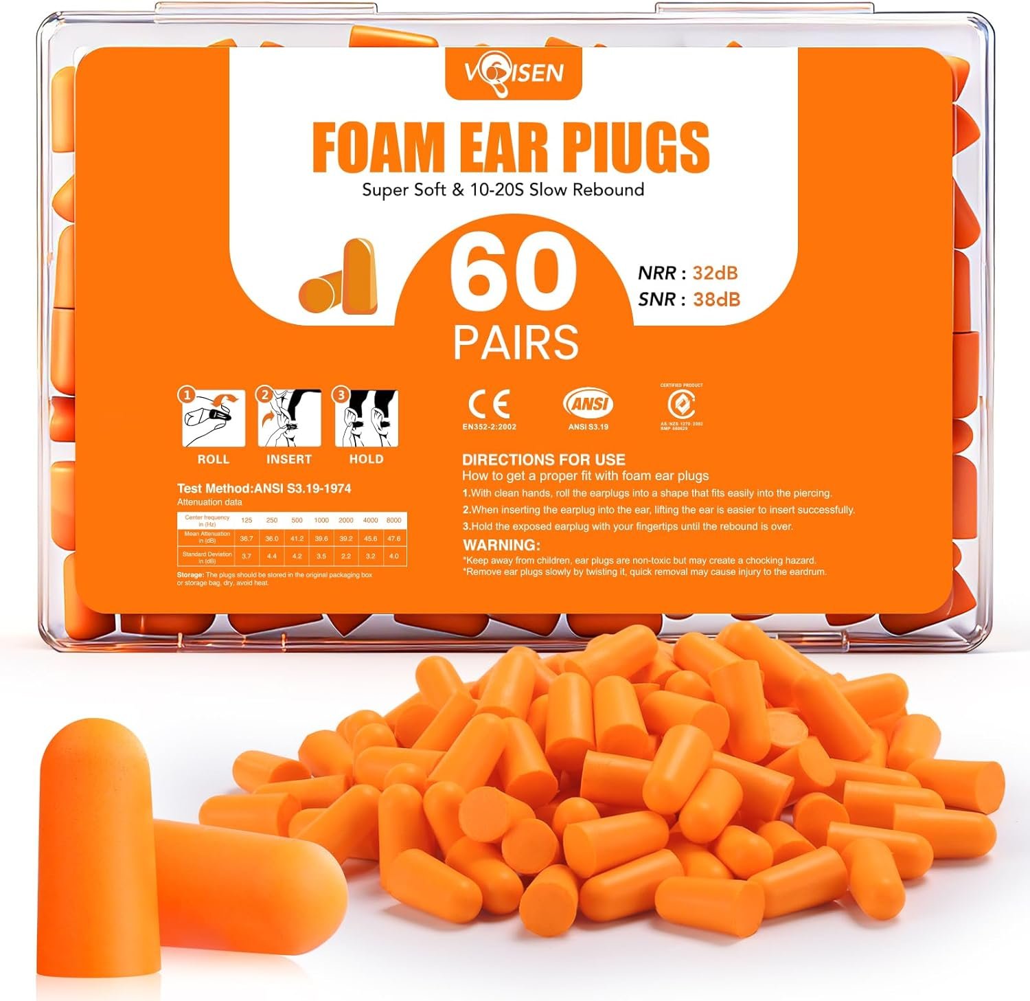 VOISEN 60 Pairs Foam Ear Plugs, Ear Plugs for Sleeping Noise Cancelling