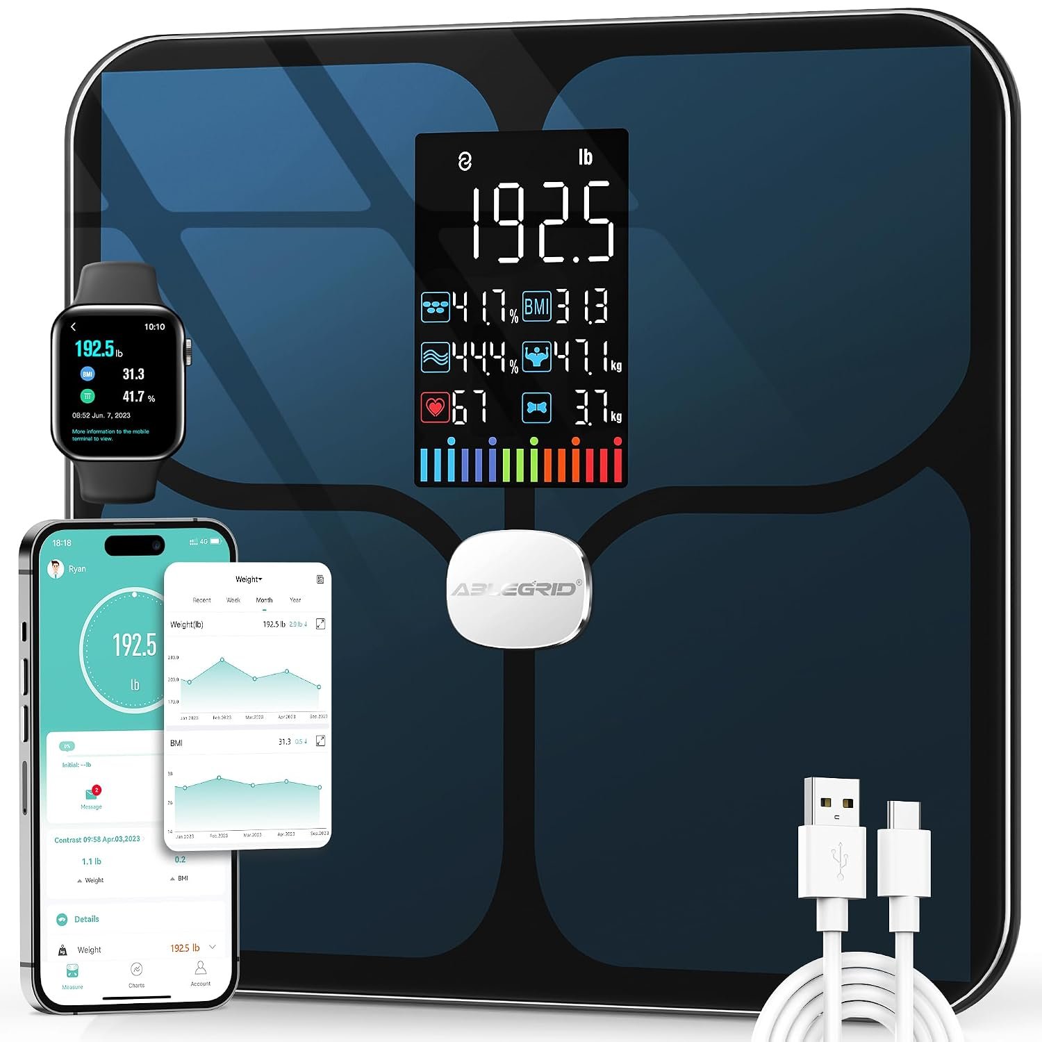 ABLEGRID Smart Bathroom Scale for Body Weight and Fat, Rechargeable