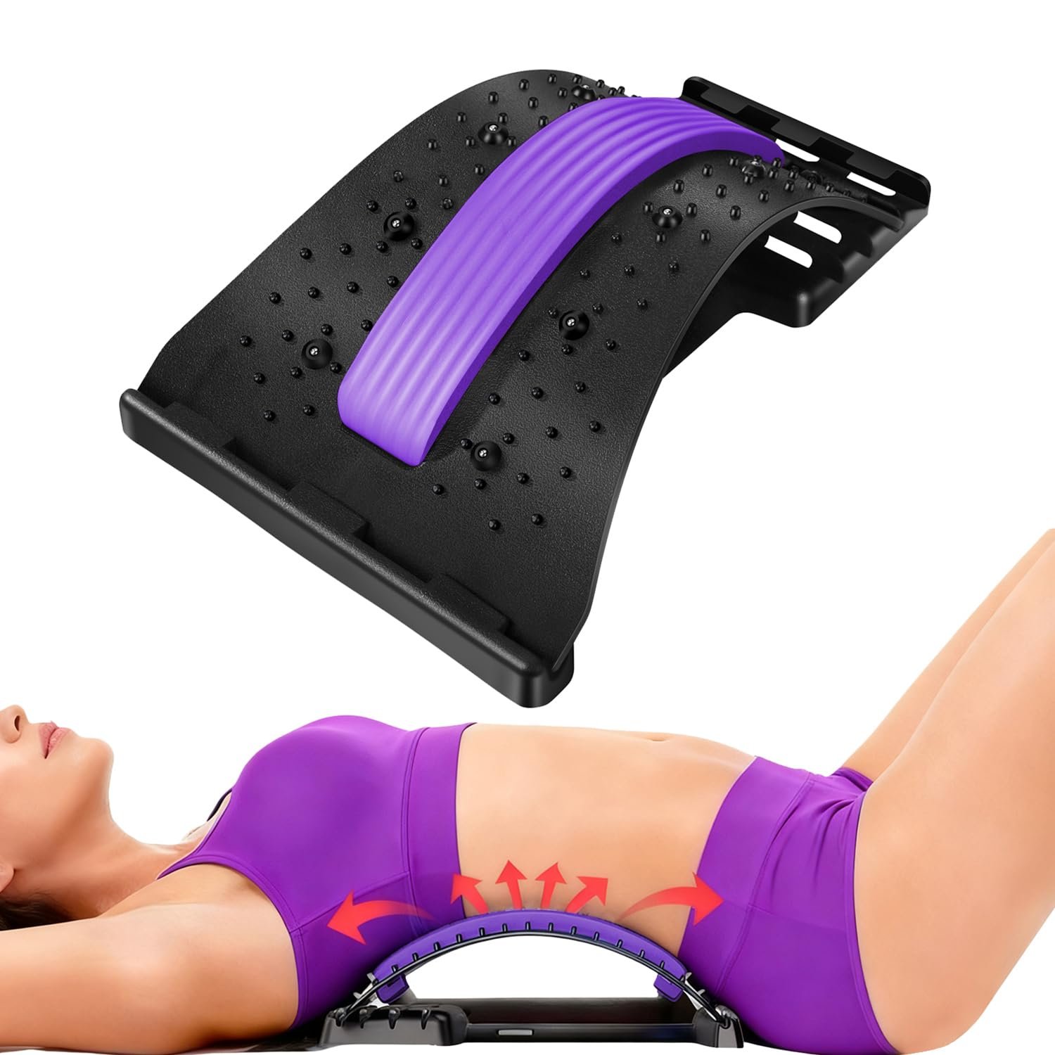 Back Stretcher – 4-Level Adjustable Lumbar Support Board & Back Cracker for Lower Back Pain Relief, Home Office Use (Purple)