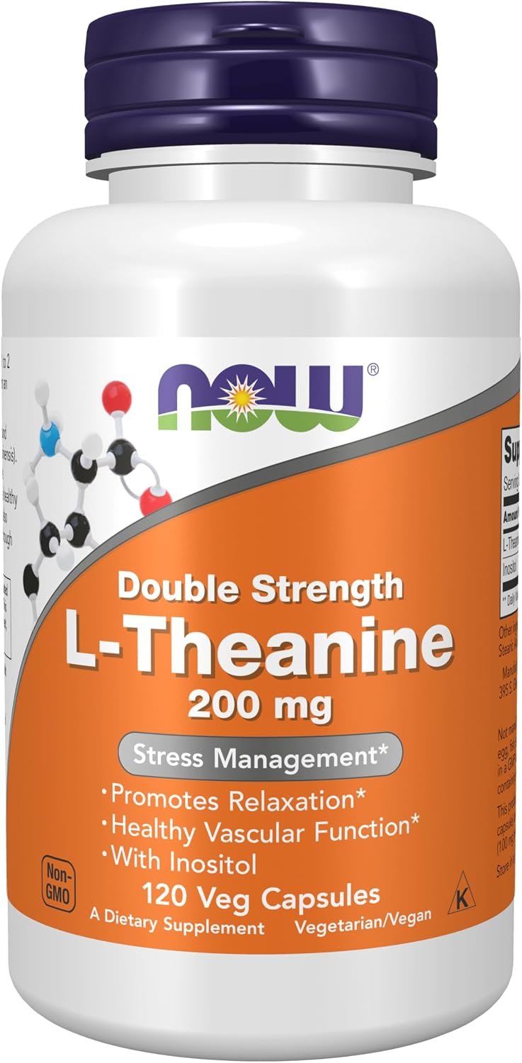 NOW Supplements, L-Theanine 200 mg with Inositol, 120 Veg Caps