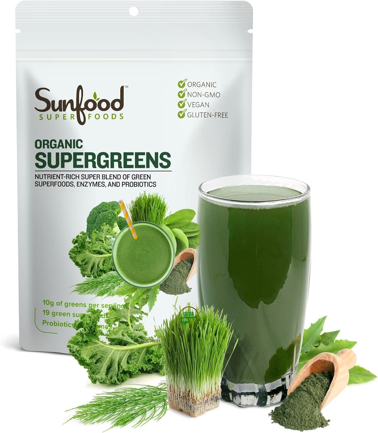 Sunfood Superfoods Organic Supergreens Blend – Greens Superfood Powder, Daily Green Juice Powder, Vegetable Smoothie Drink Mix with Chlorella, Spirulina, Alfalfa, Kale, & More – 8 oz Bag