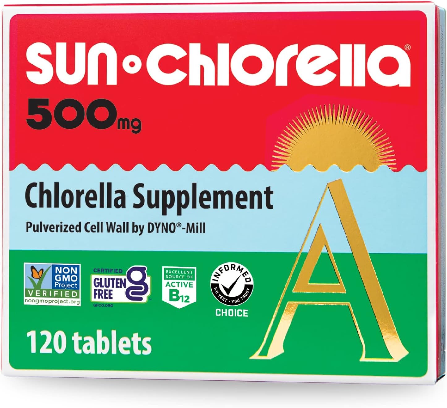 Sun Chlorella 500mg Tablets, 90%+ Pulverized Cell Wall, Non-GMO, 120 Ct