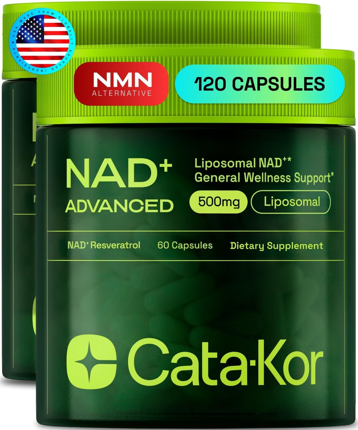 Cata-Kor Liposomal NAD Supplement with Resveratrol – NMN Supplement Alternative – 60-Day Supply – Third-Party Tested – 120 Capsules – Advanced NAD+ Resveratrol -Pack of 2