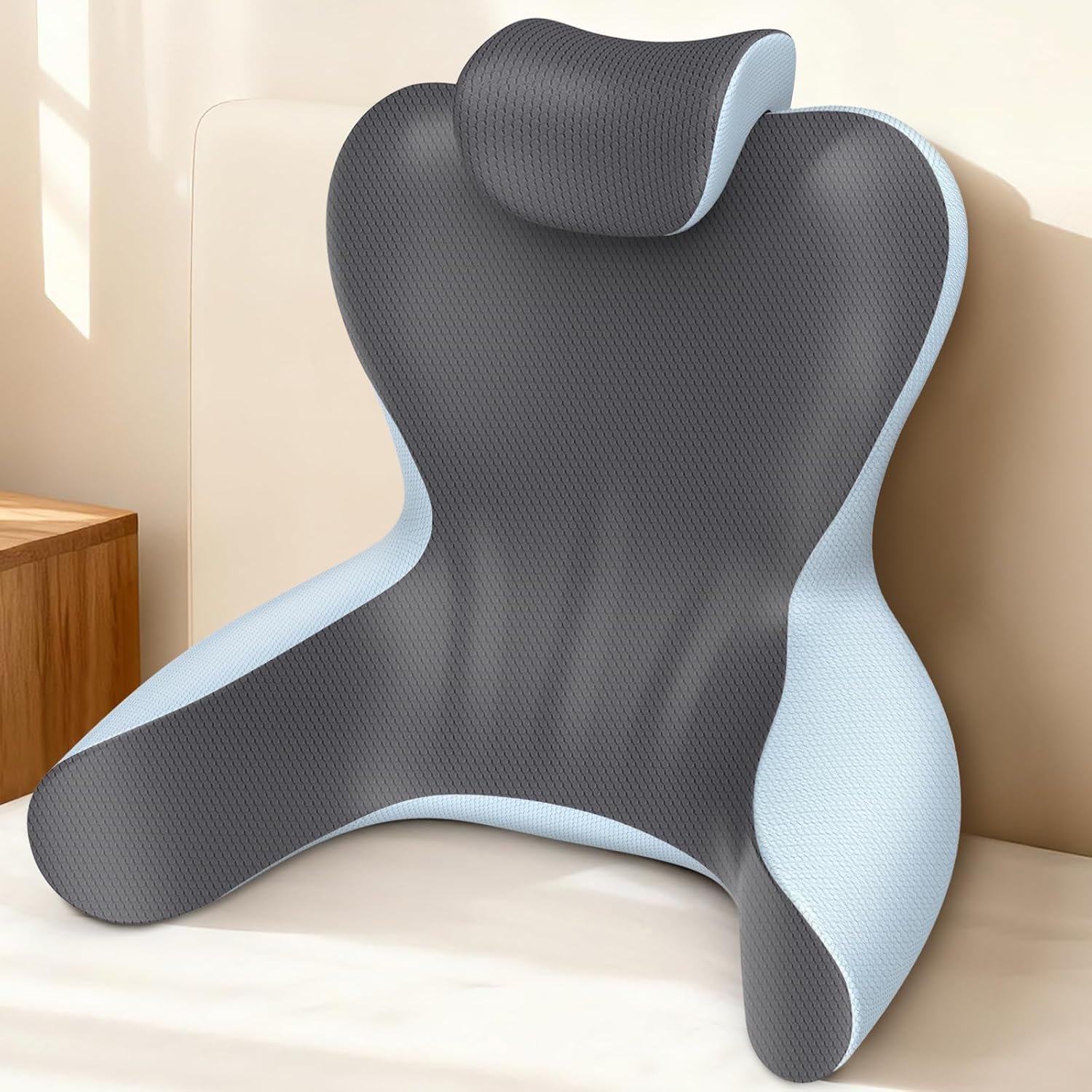 22″ XL Reading Pillow Sitting in Bed,Back Support & Armrests(Grey & Blue)