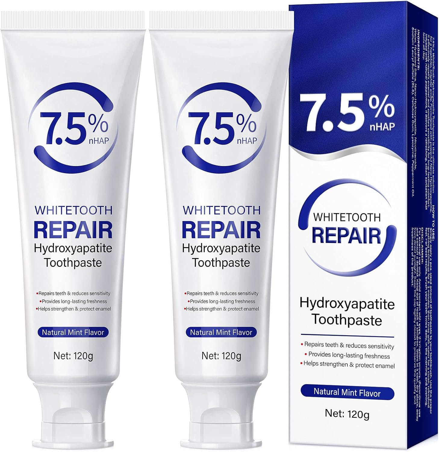 Fluoride Free 7.5% Hydroxyapatite Toothpaste, (2pcs) Nano Hydroxyapatite Toothpaste for Remineralizing Enamel, Sensitive Teeth, Tooth Strengthening, Fresh Mint, Daily Use for Oral Care