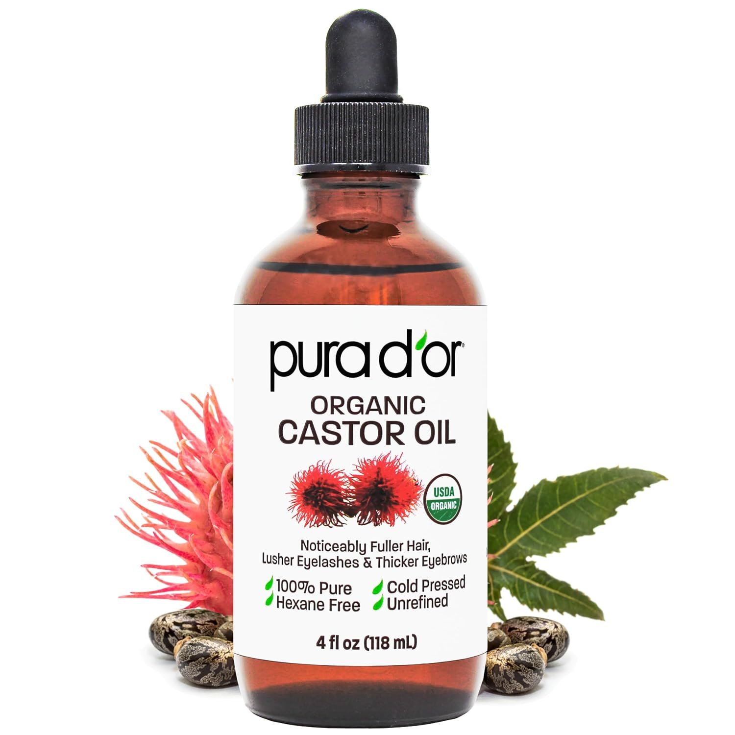 PURA D’OR ORGANIC Castor Oil Pure Cold-Pressed for Hair & Skin, 4oz