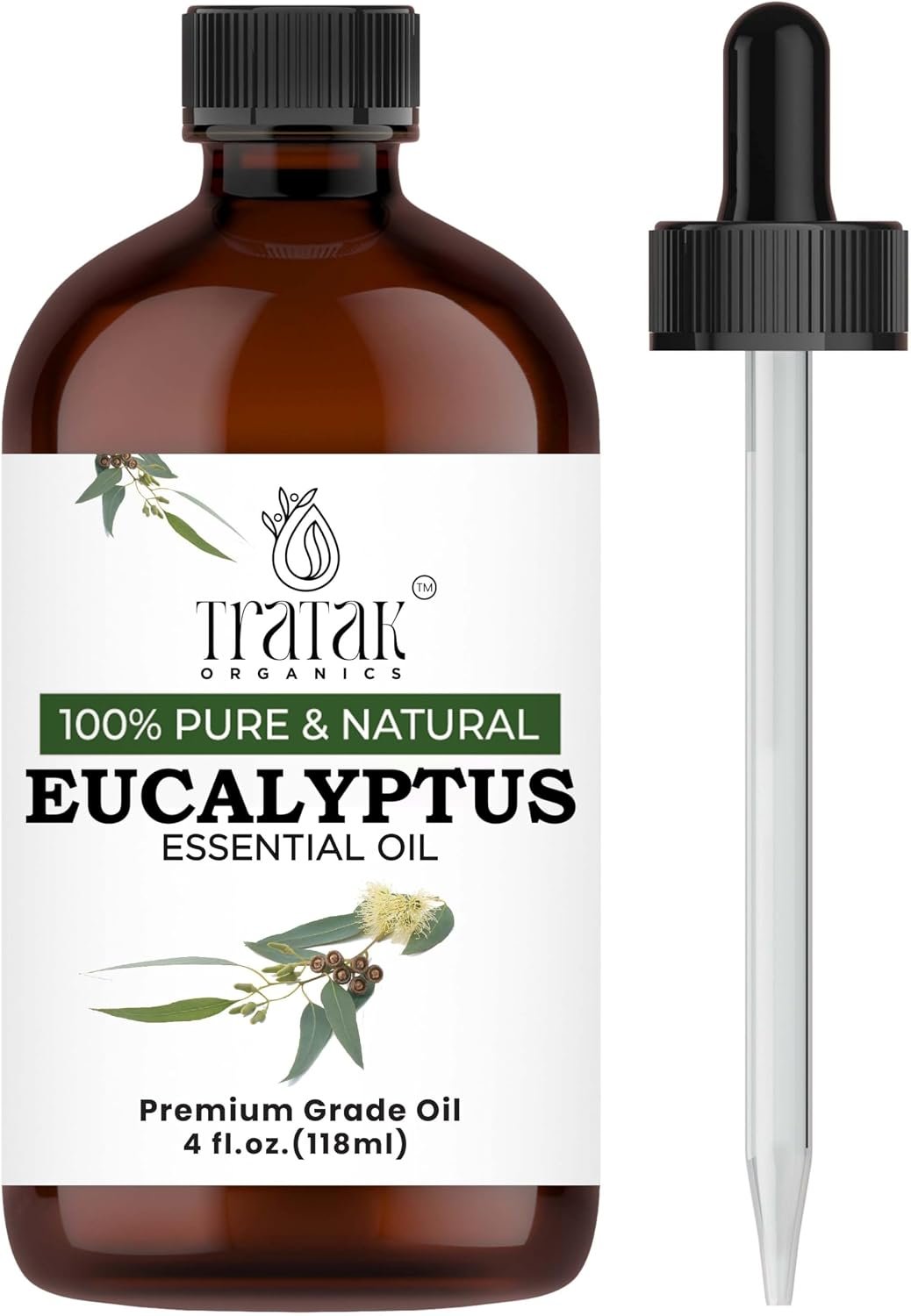 TRATAK ORGANICS 100% Pure Natural Undiluted Eucalyptus Essential Oil (4oz) Premium Therapeutic Grade Aromatherapy