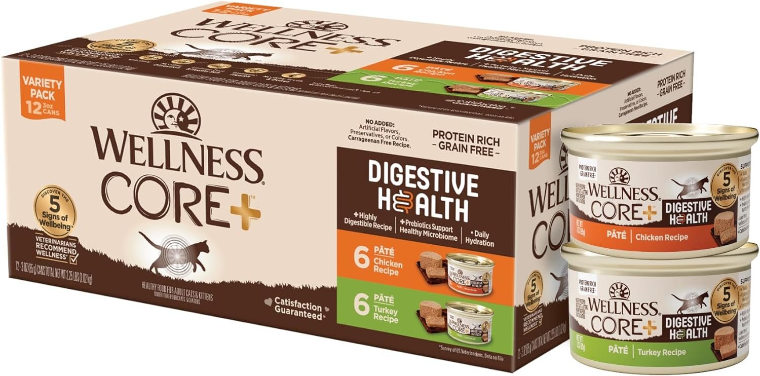 Wellness CORE+ Digestive Health Pate Variety Pack Adult Canned Wet Cat Food, Natural, Protein Rich, Grain Free, Chicken and Turkey Recipes, 3 oz, Pack of 12 Cans